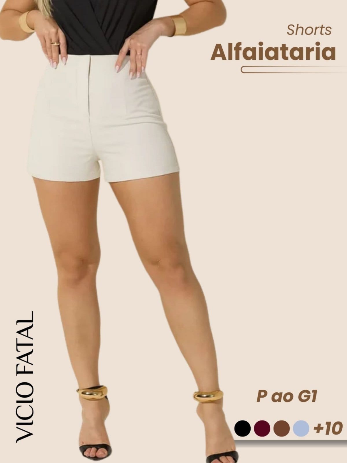 Vista principal Shorts Feminino de Alfaitaria Social OffWhite Fecho Invisível Elegante Plissado Modelagem Curta Cintura Alta Estiloso Casual Sofisticado Bolsos Frontais Fecho com Botão Minimalista Vicio Fatal branco offwhite