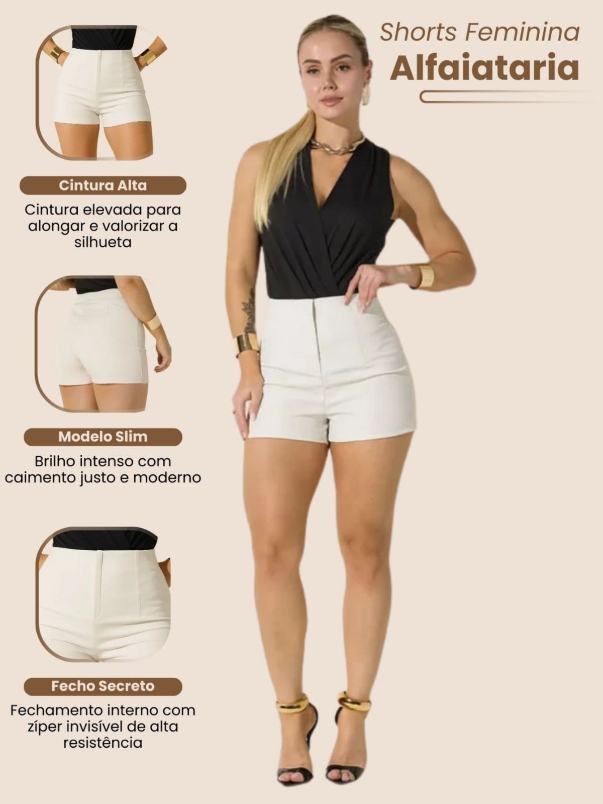 Vista 2 Shorts Feminino de Alfaitaria Social OffWhite Fecho Invisível Elegante Plissado Modelagem Curta Cintura Alta Estiloso Casual Sofisticado Bolsos Frontais Fecho com Botão Minimalista Vicio Fatal branco offwhite