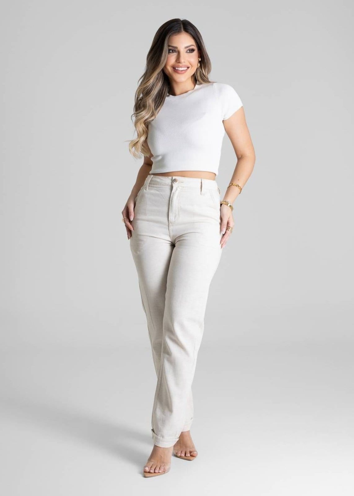 Vista 2 Calça Linho Sawary Reta - 280336 Sawary bege