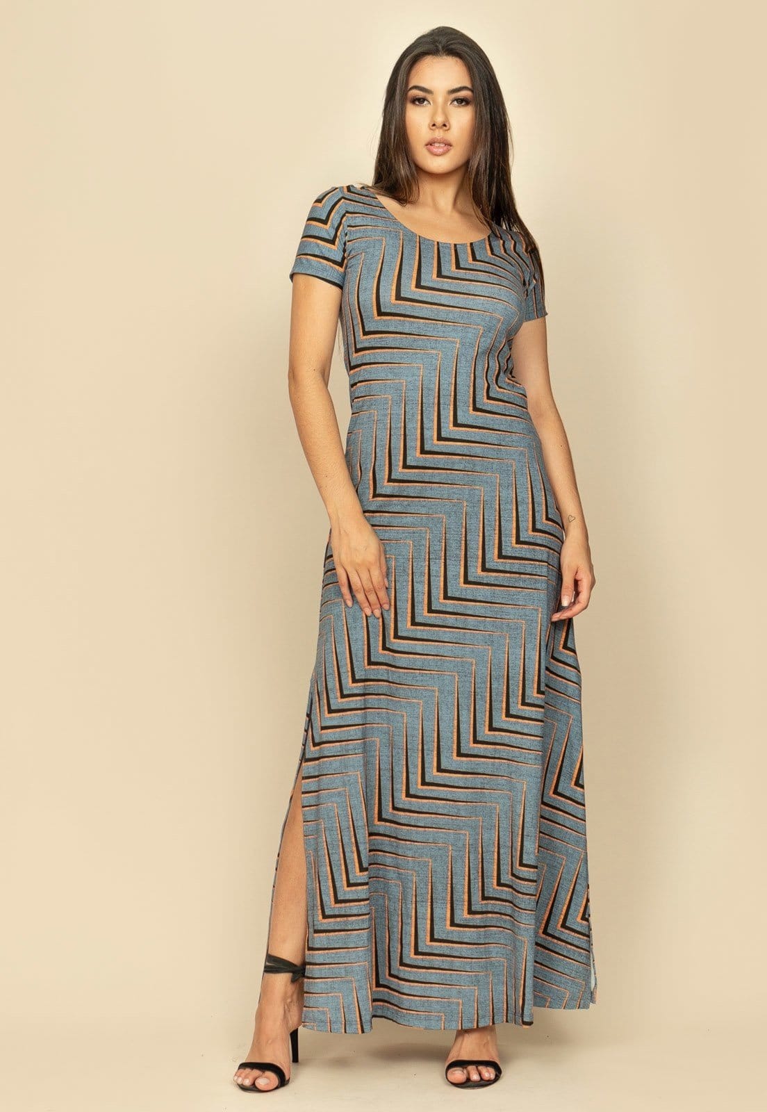 Vestido Longo Malha Gola Canoa Manga Curta Estampa Murici