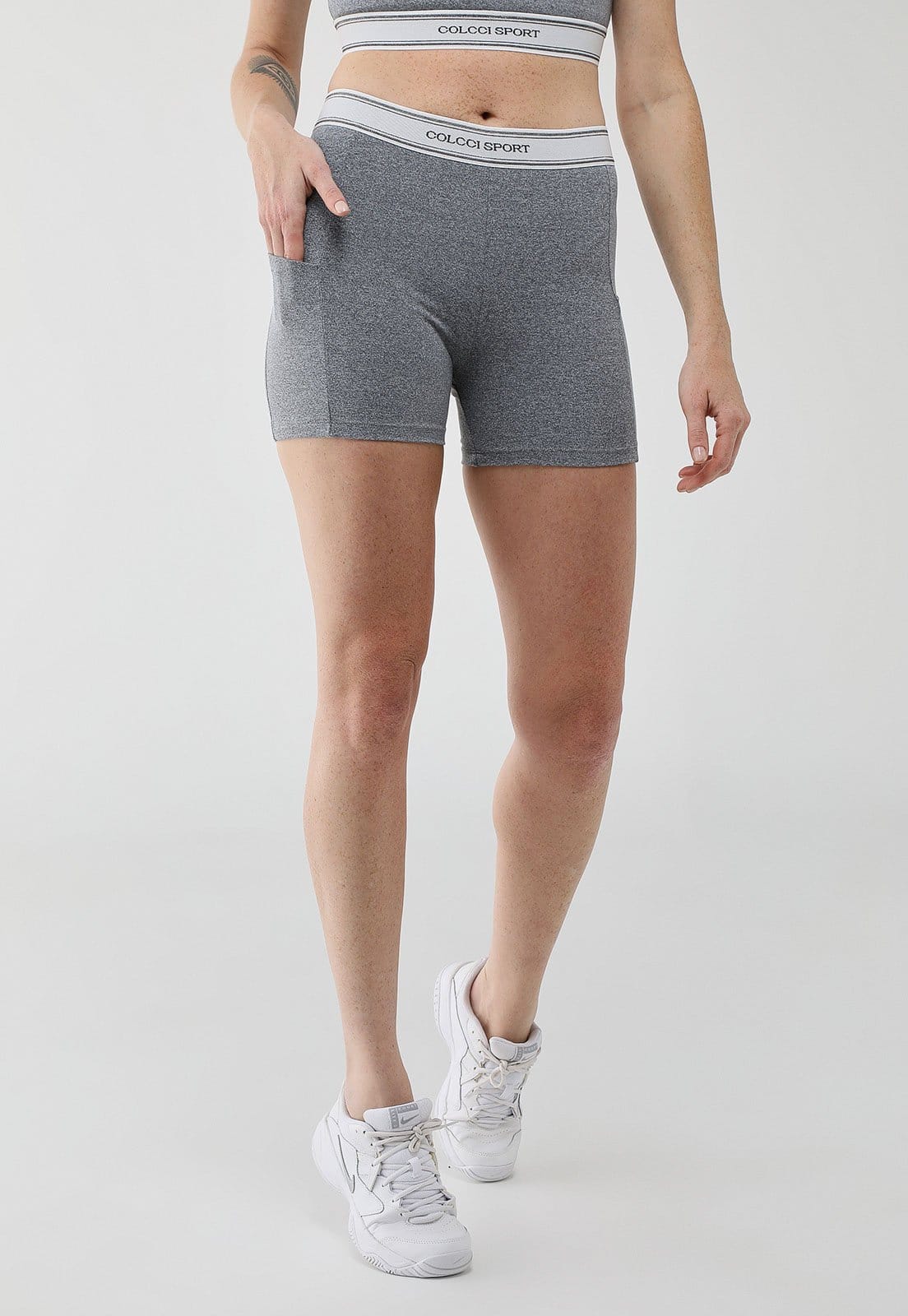 Vista principal Bermuda Feminina Colcci Sport Cintura Alta Mescla Colcci Sport cinza