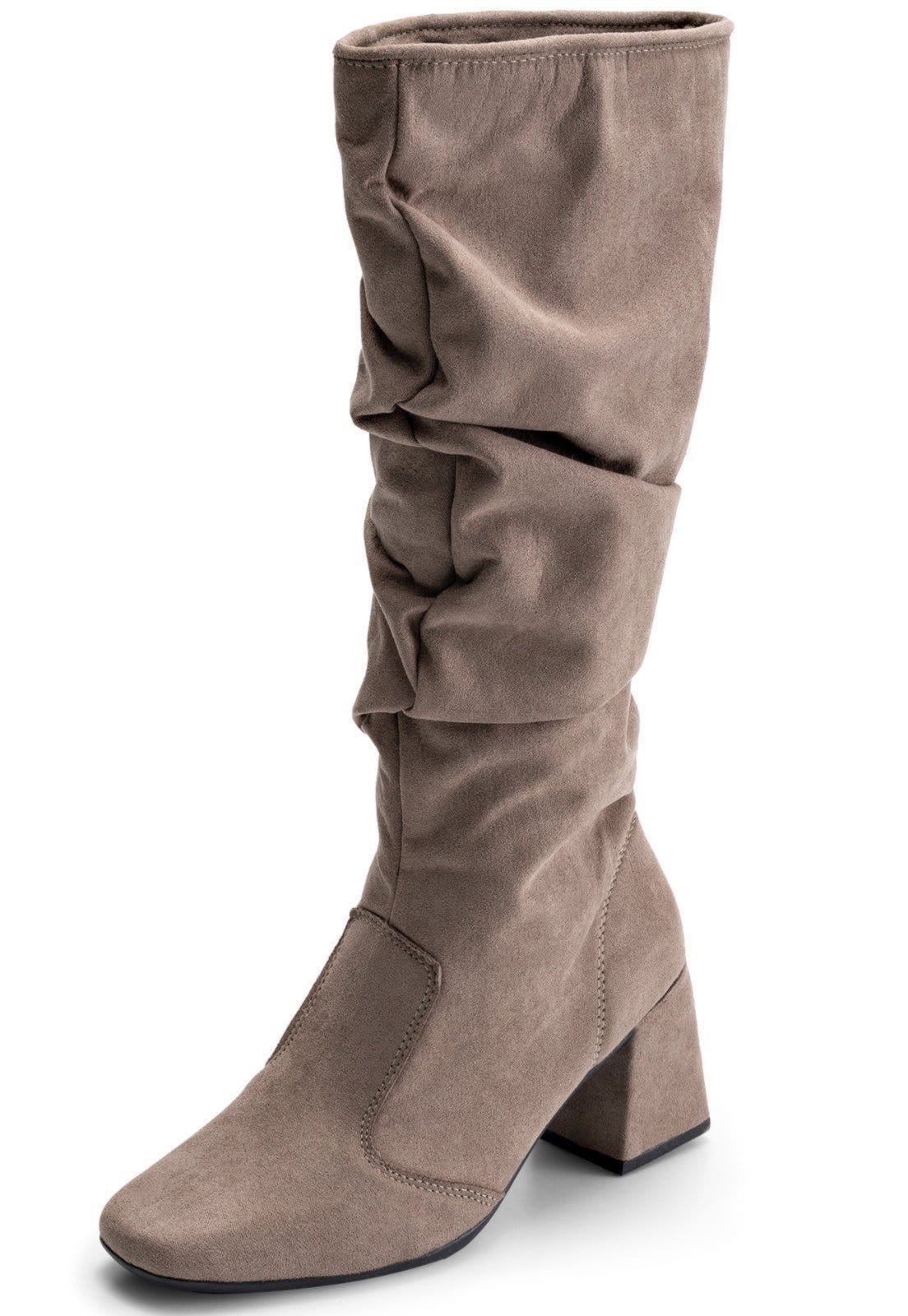 Bota Feminina Lumiss Camurça Suede Cano Longo Enrugada Slouchy Salto Bloco Bege