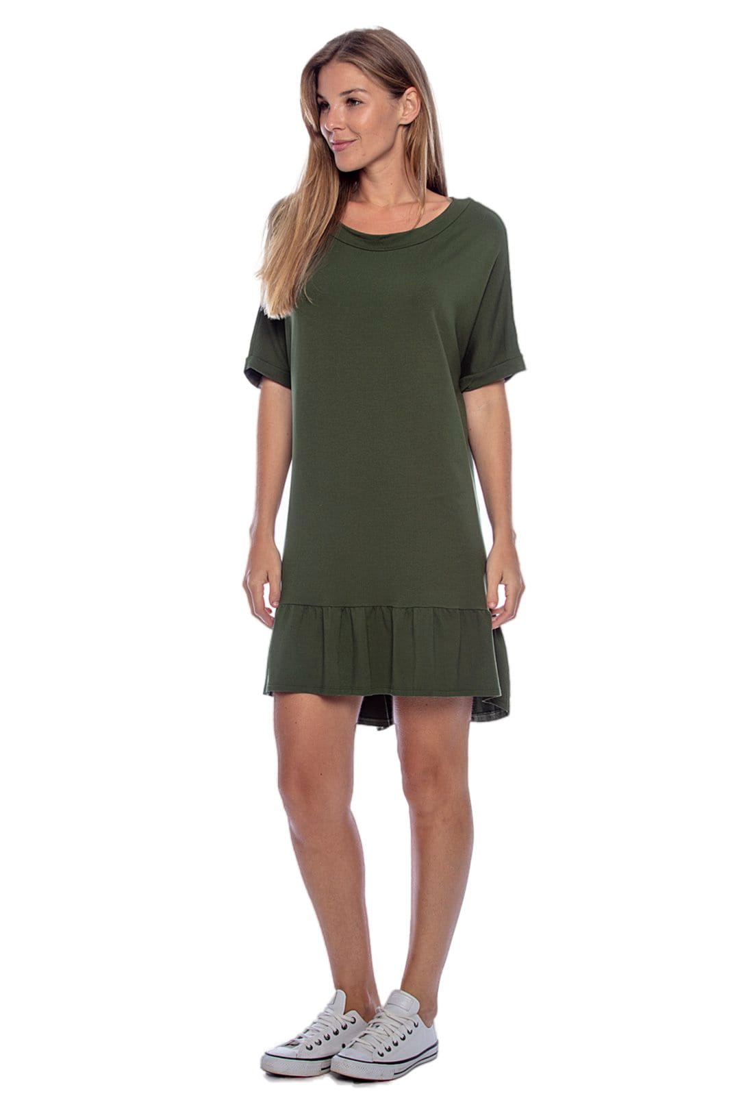 Vista 2 Vestido Curto Amplo Babados Amazonia Vital Musgo Amazonia Vital verde