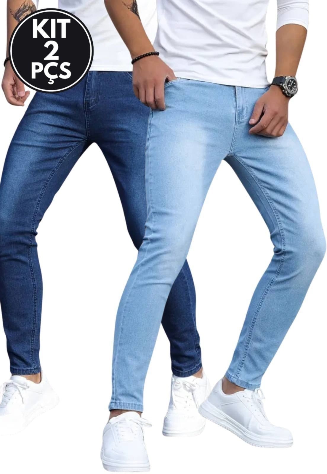 Kit 2 Calças Jeans Masculinas Elegantes Skinny Lavagem Escura e Delavê Tecido Premium
