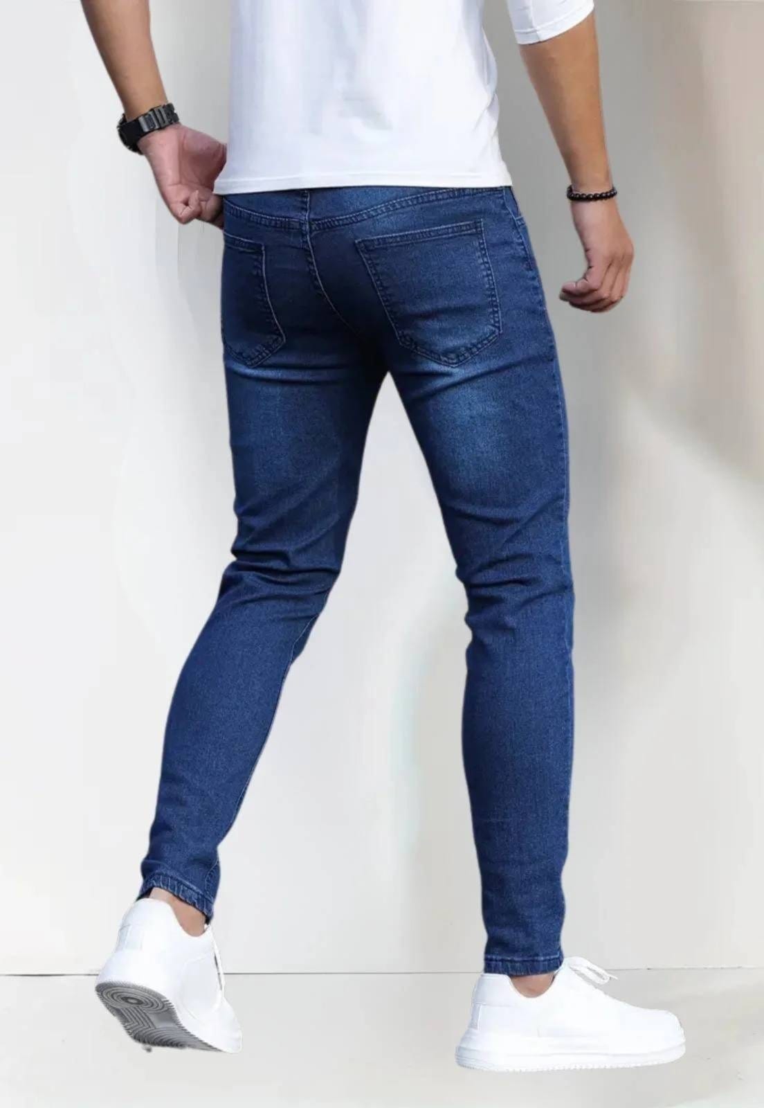 Vista 2 Kit 2 Calças Jeans Masculinas Elegantes Skinny Lavagem Escura e Delavê Tecido Premium TEX JEANS azul/branco