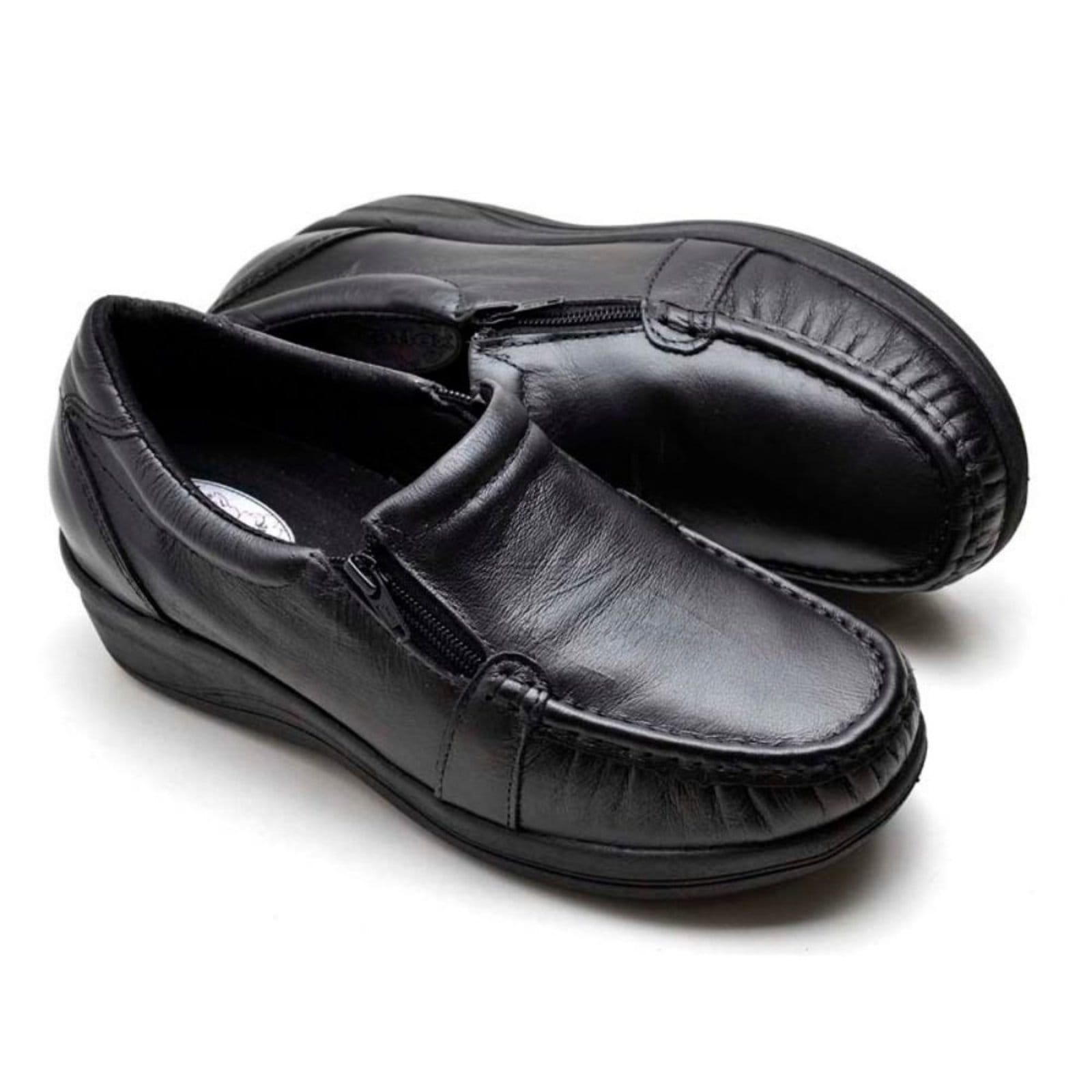 Vista 2 Sapato Mocassim Ortopédico Feminino Comfort Couro Pizaflex preto