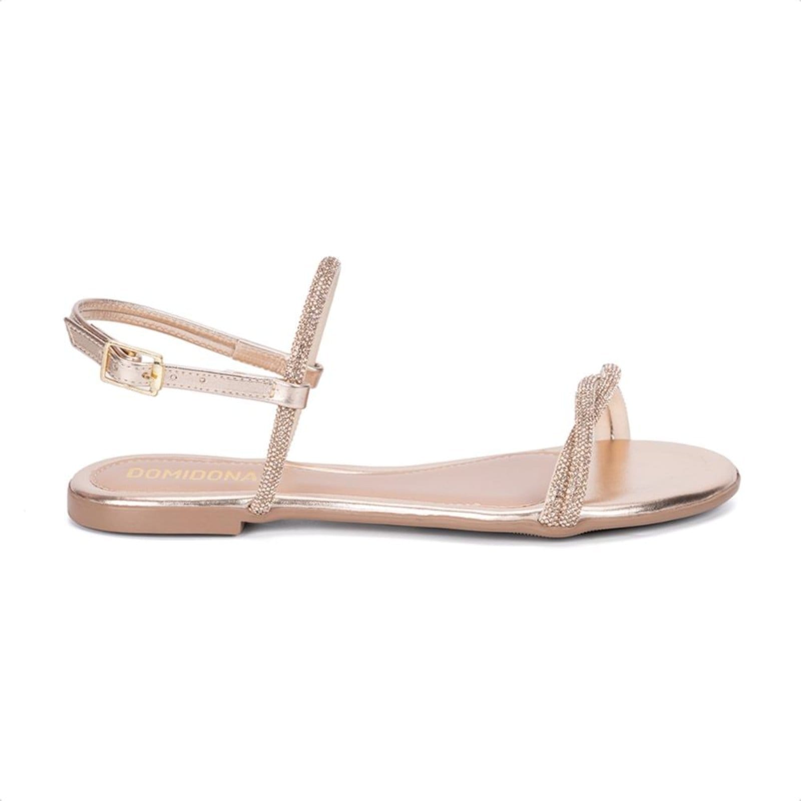 Vista 2 Sandália Rasteira Feminina Bronze Tiras Cruzadas De Strass Domidona cobre bronze