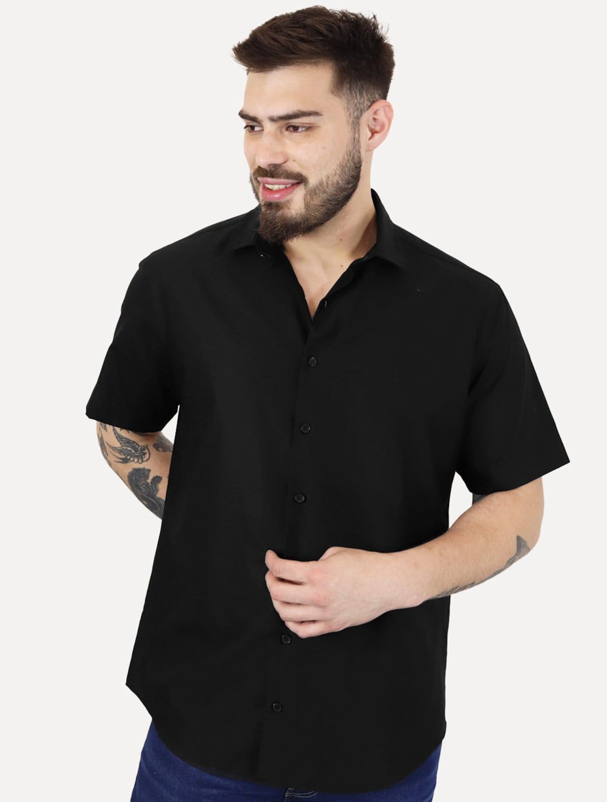 Vista principal Camisa Dudalina Masculina Manga Curta Comfort Superfine Cotton Dark Logo Lisa Preta Dudalina preto
