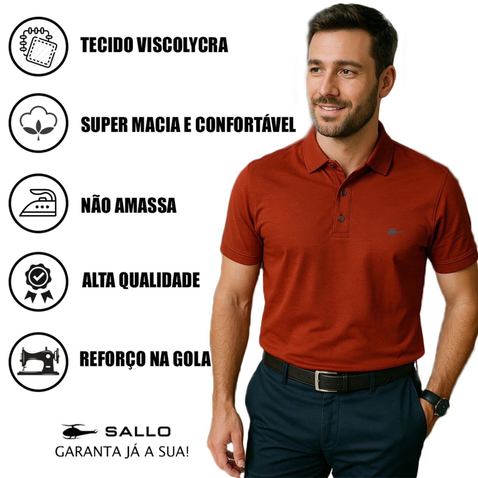 Vista 2 Camiseta Polo Masculina Básica Sallo Premium TerraCota Sallo marrom