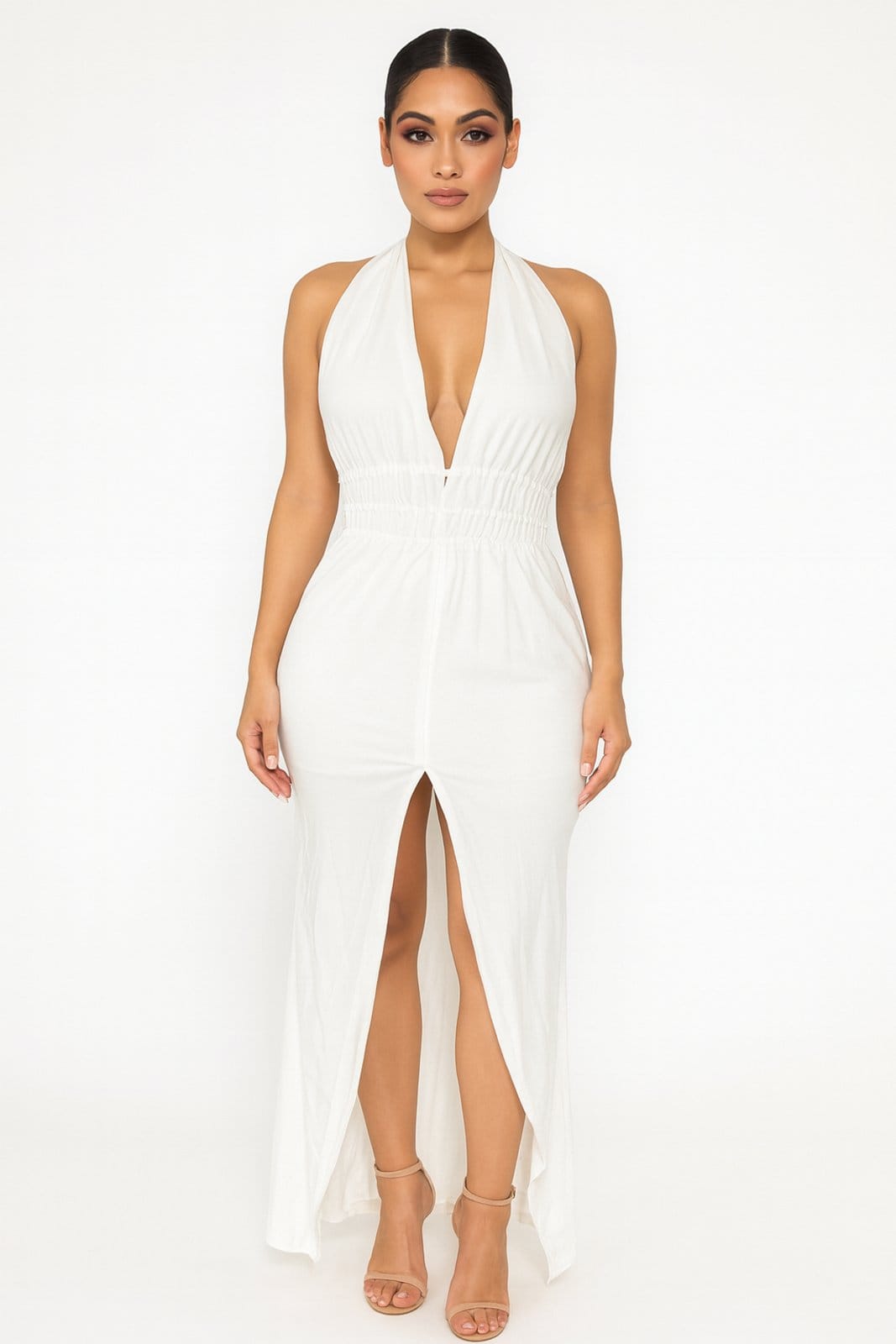 Vista principal Vestido Longo Frente Única com Fenda em Renda Artesanal Summer Body branco