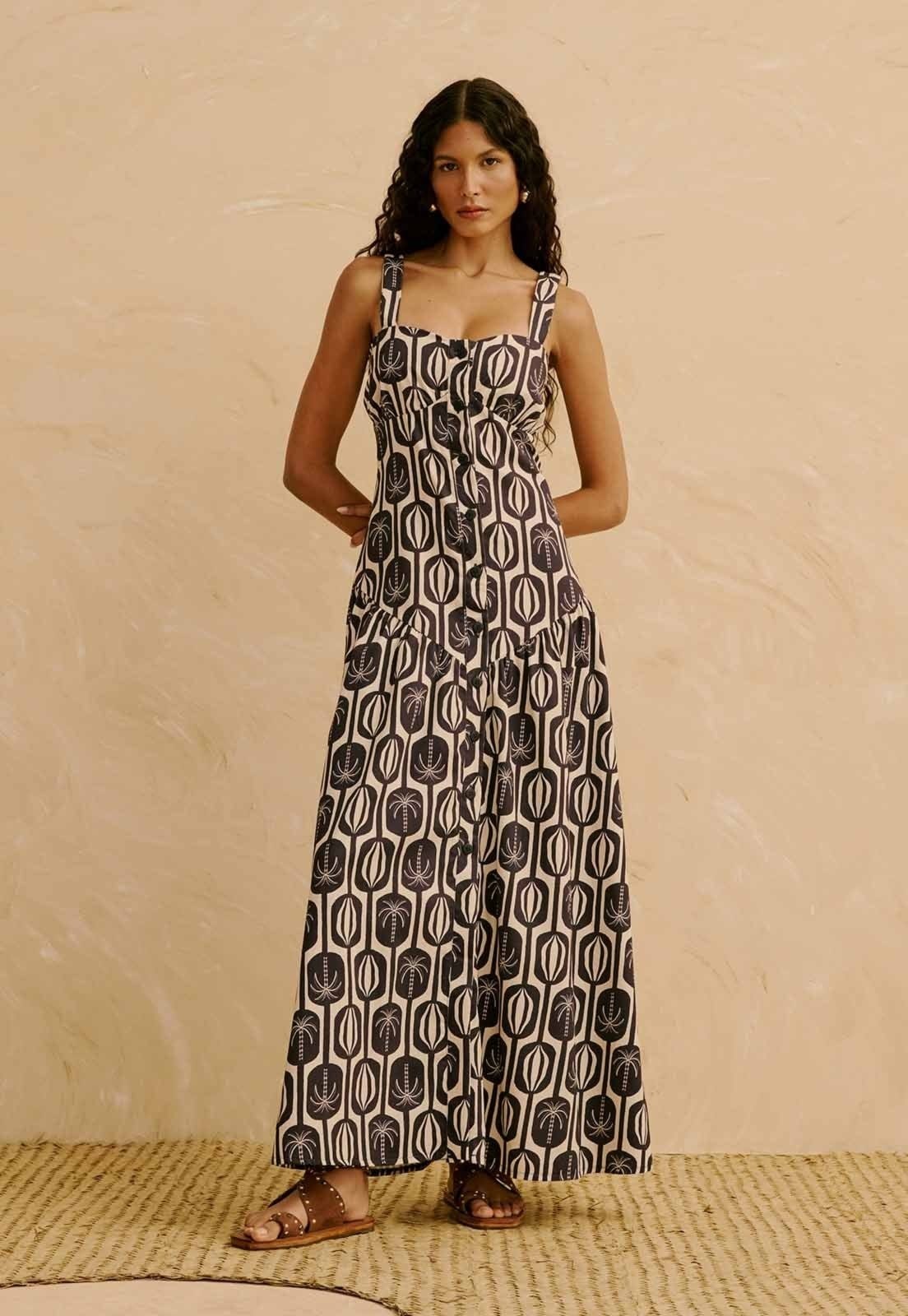 Vestido Maxi Midi com Detalhe Franzido Estampado Cacau Palmer