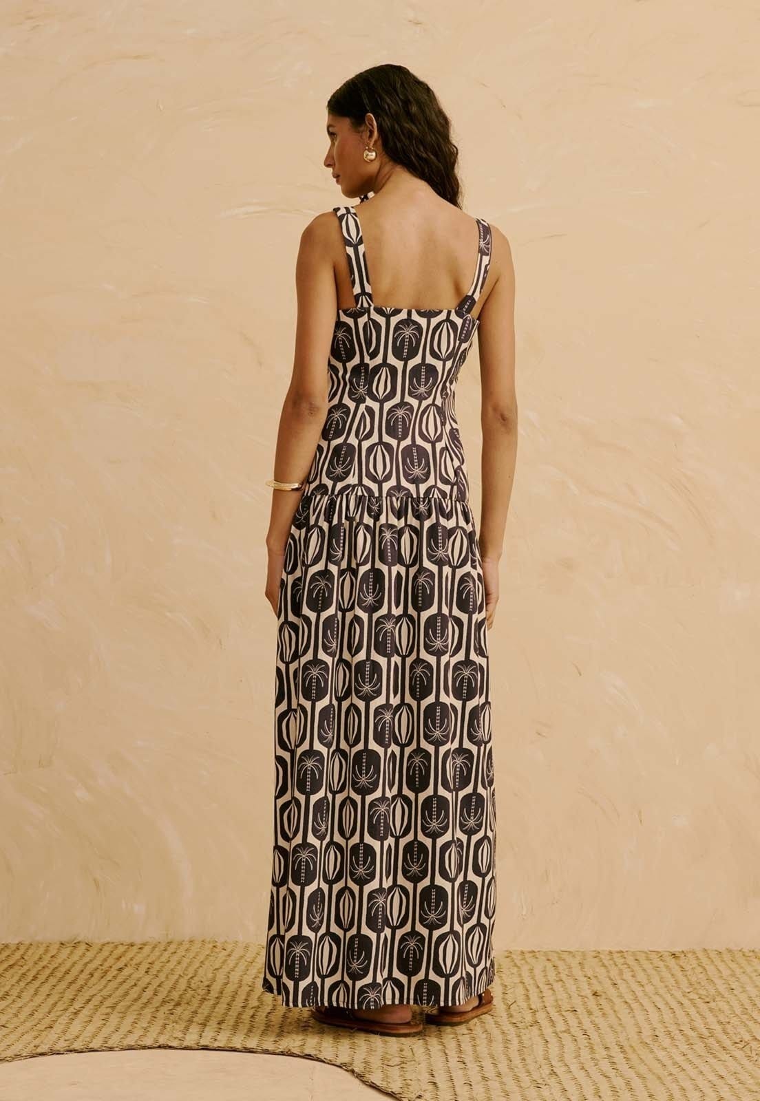 Vista 2 Vestido Maxi Midi com Detalhe Franzido Estampado Cacau Palmer CaCay azul