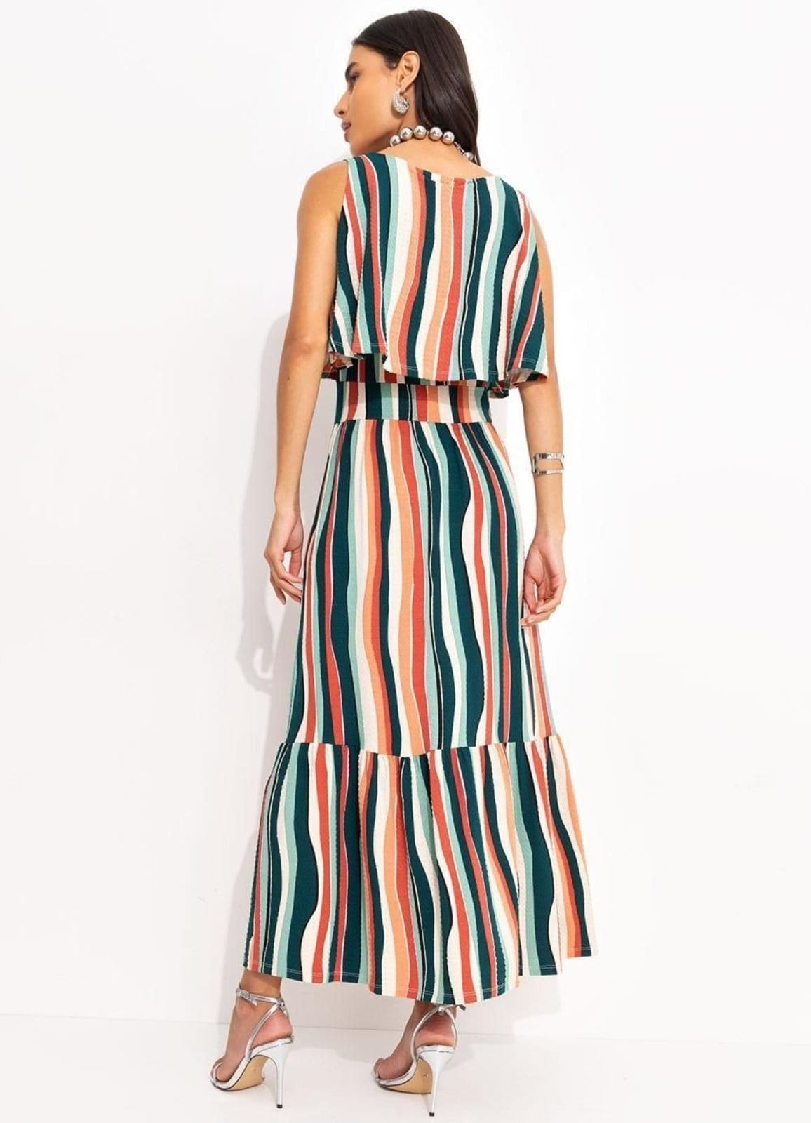 Vista 2 Vestido Listrado Irregular Em Malha De Viscose Quintess verde