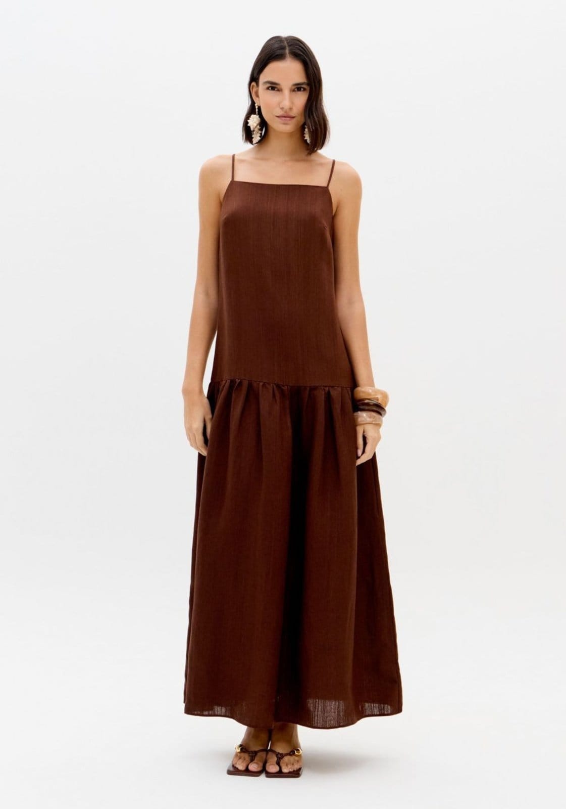 Vista principal Vestido Longo De Alças Com Linho Lança Perfume marrom