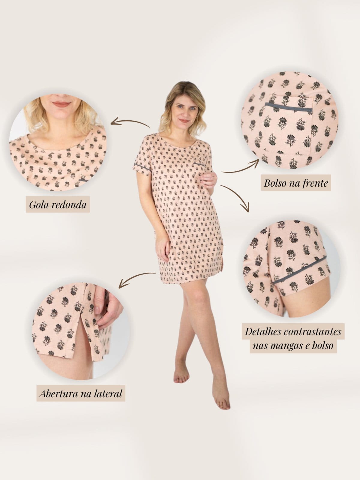 Vista 2 Camisola Algodão Feminina Manga Curta Verão Adulto Floral Piante rosê