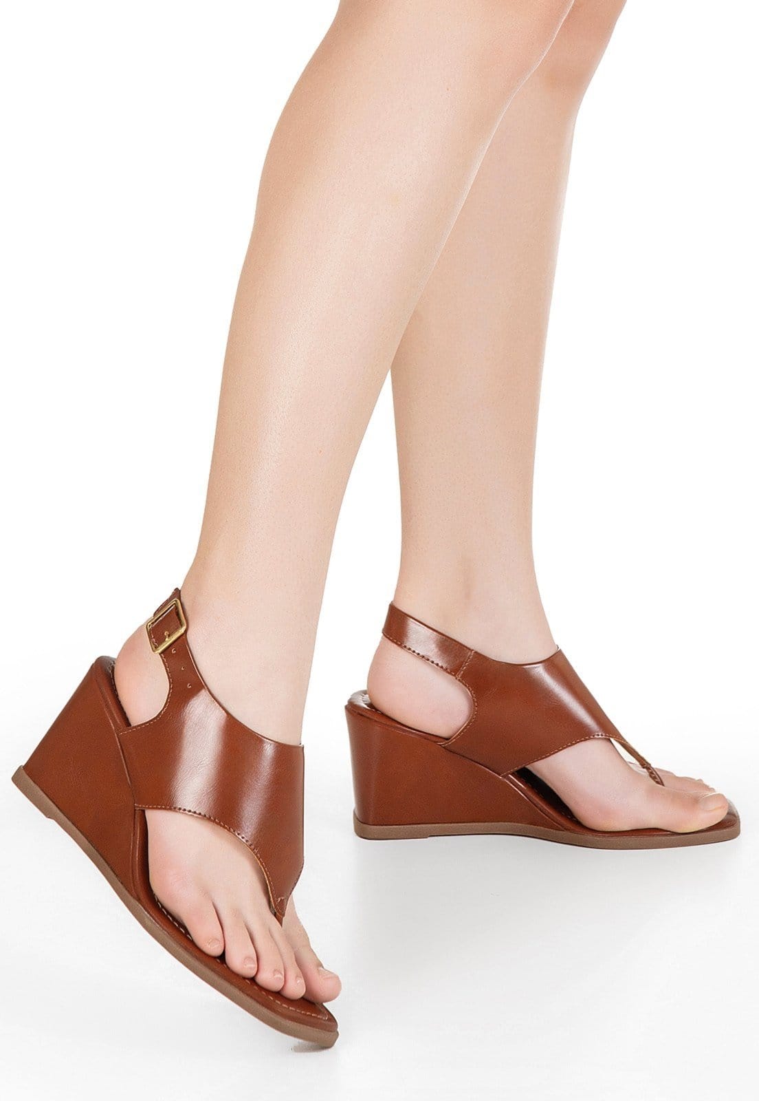 Vista 2 Sandália Feminina GiGiL Anabela Salto Alto Thong Asa Delta De Dedo Bico Quadrado Estilosa Confortável Gigil caramelo