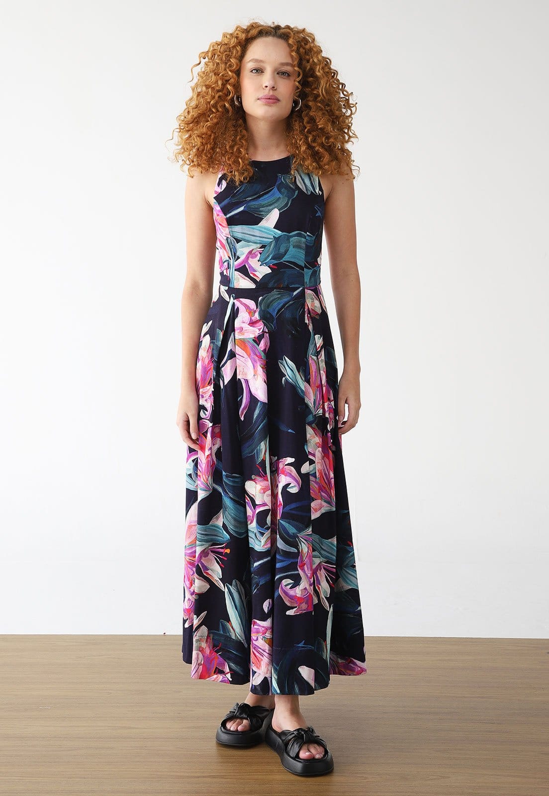 Vestido FARM Midi Cropped Lilia Azul-Marinho