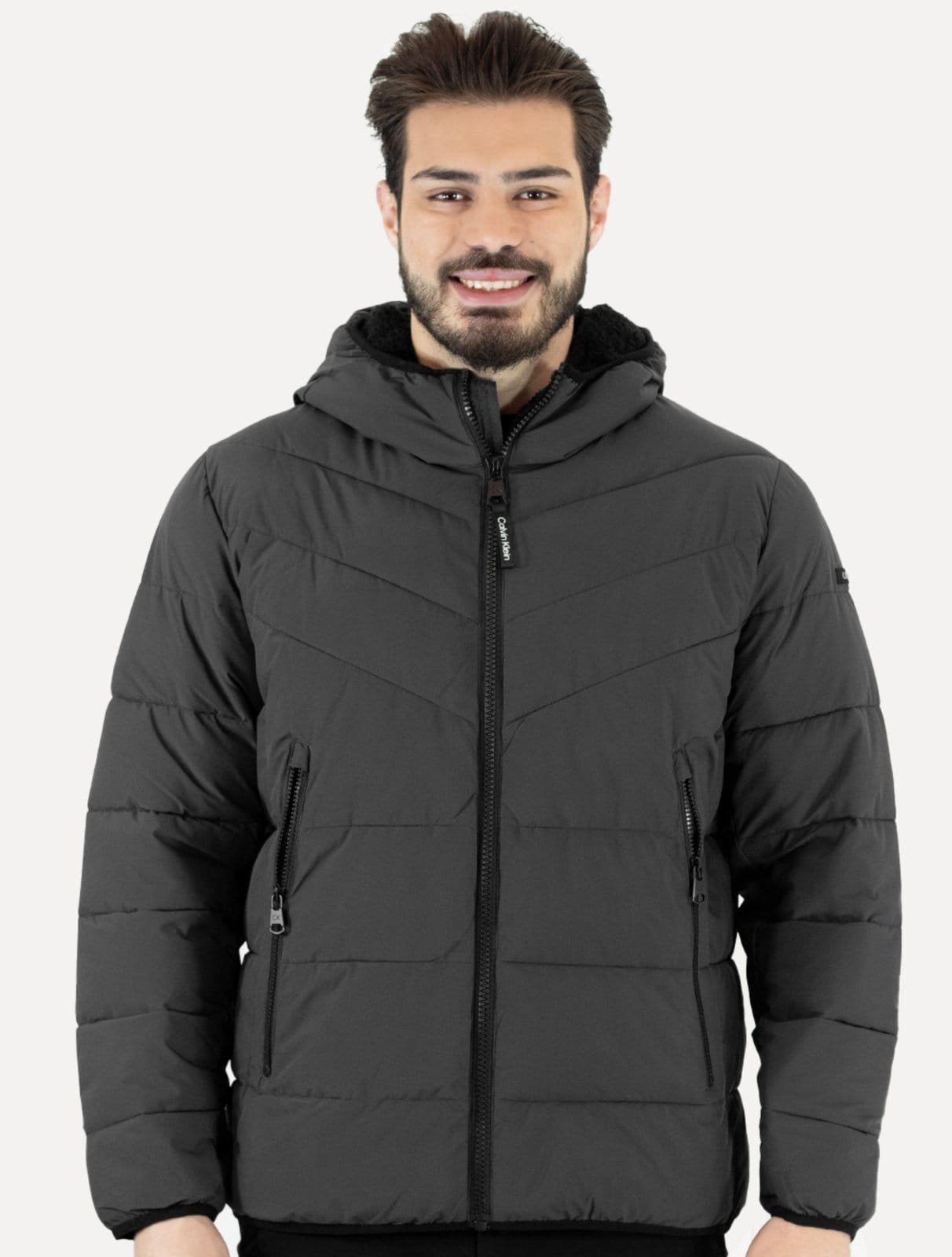 Jaqueta Calvin Klein Masculina Hoodie Matelassê Ziper Chumbo