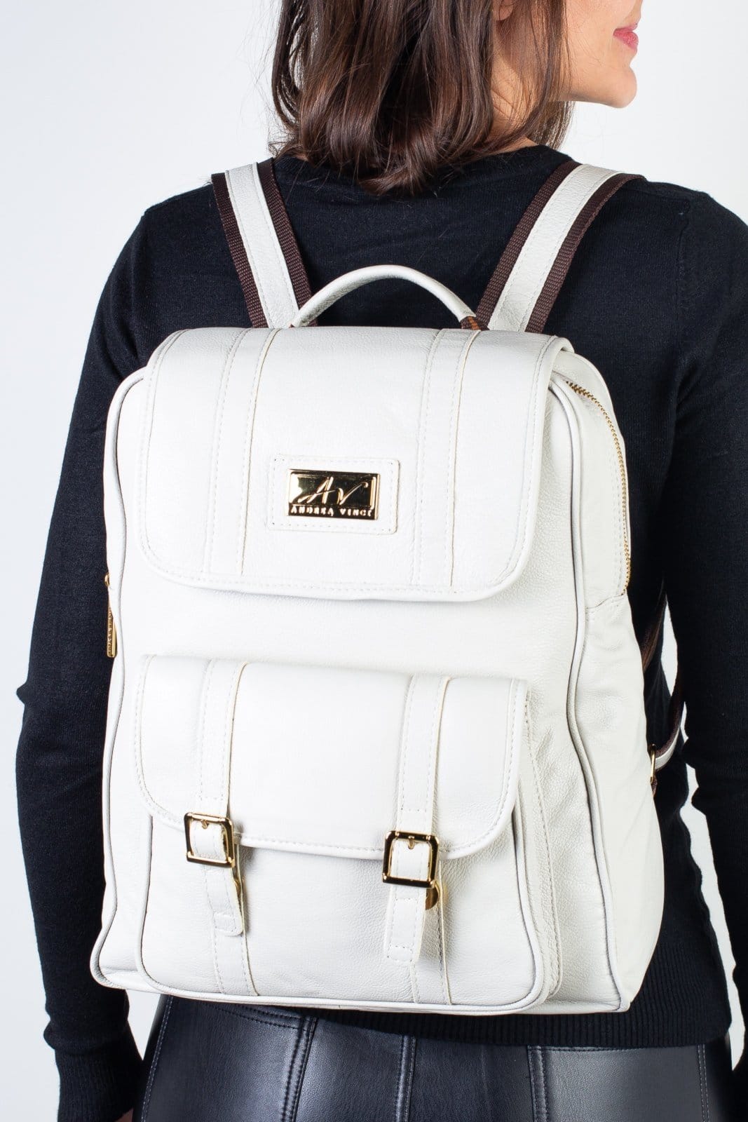 Mochila de couro liso Trip - Marfim