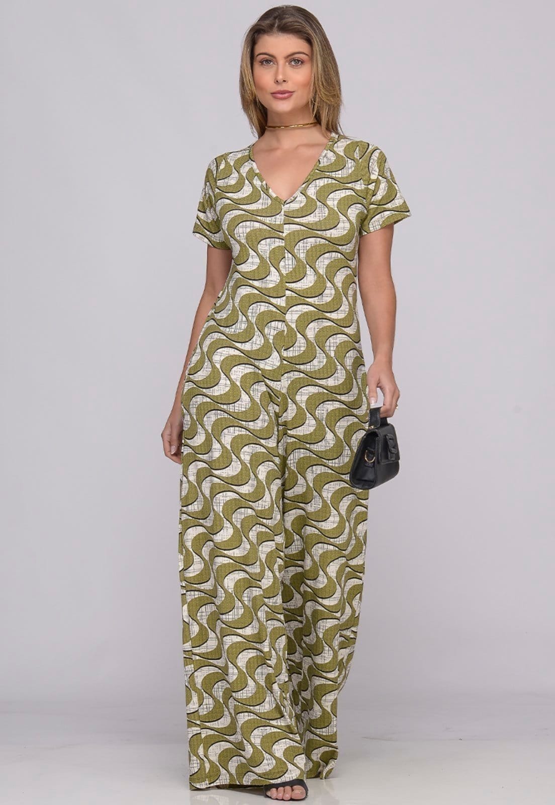 Vista 2 Macacão Pantalona C Bolsos B’Bonnie Esther Estampa Verde BBonnie estampado/verde verde