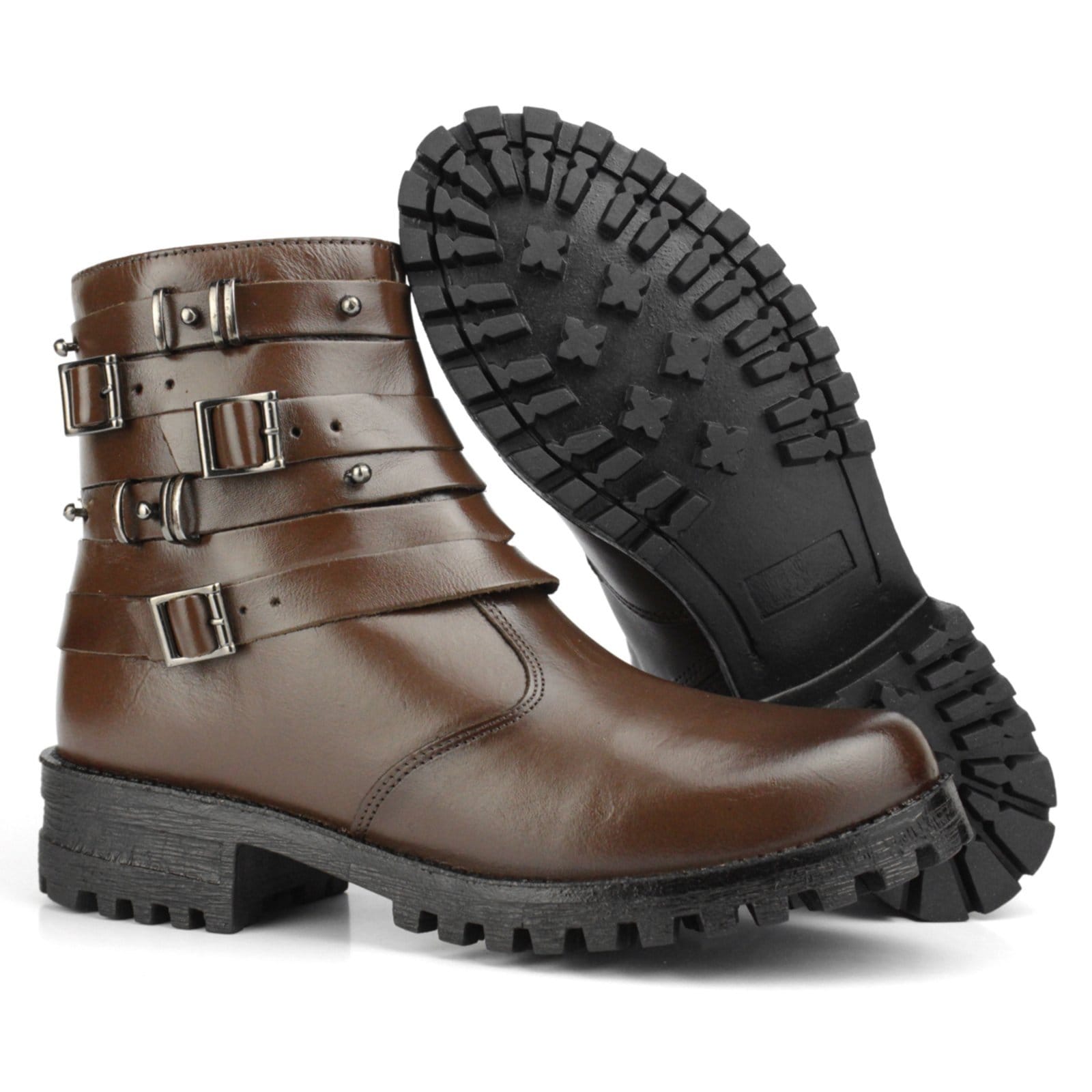 Vista 2 Bota Coturno Couro Feminino Cano Curto Solado Tratorado Baixo Zíper Fivelas Básica Casual Tabaco super shoes marrom