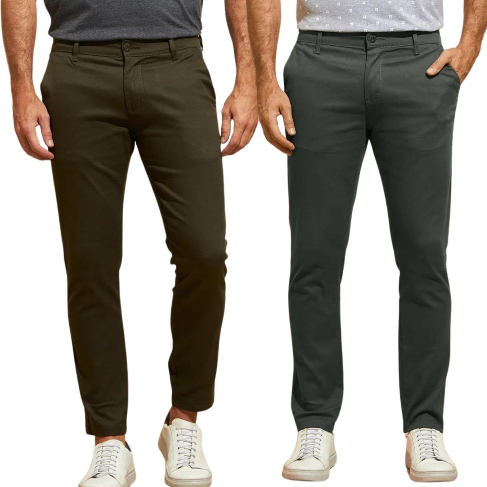 Vista principal Kit 2 Calças FMF de Sarja Chino Com Bolso Traseiro Embutido Alfaiataria Skinny Verde Militar e Cinza FMF cinza verde