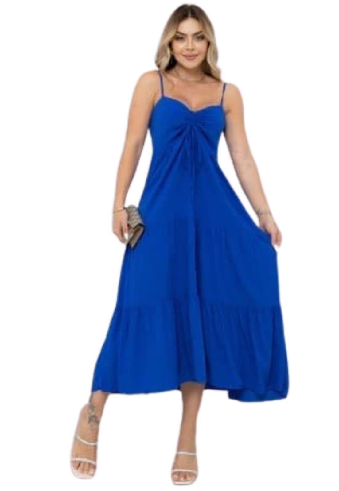 Vista principal Vestido Midi Brenna Alcinha Laço Viscose Cia do Vestido azul