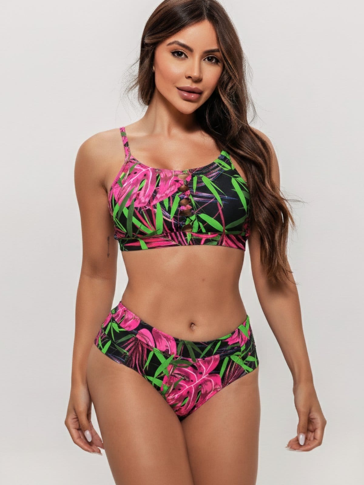 Vista 2 Biquíni Feminino Orla da Praia Top Cropped Com Bojo Removível Estampado Geométrico e Verde Orla da Praia preto/rosa/verde rosa