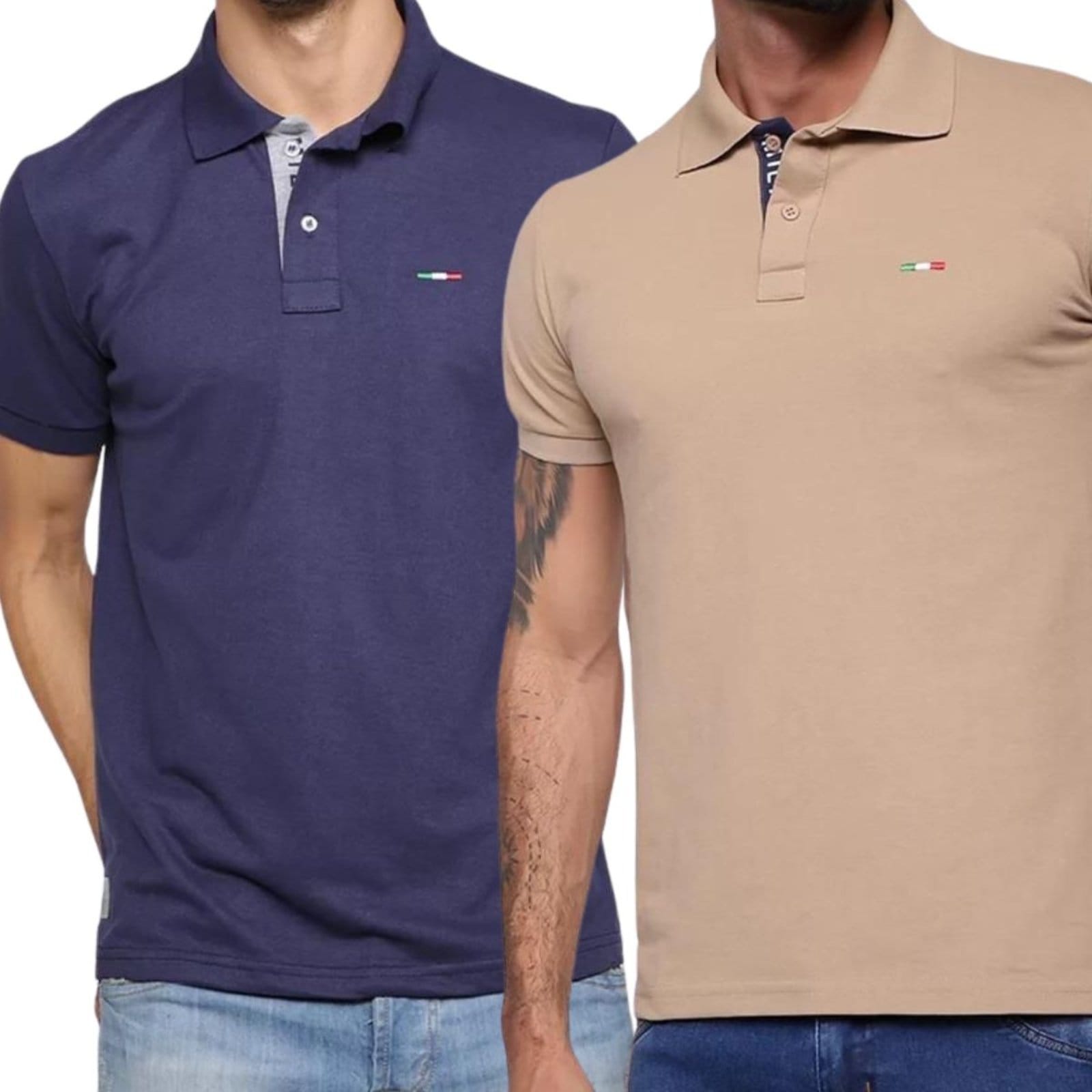 Kit 2 Polos Masculina Básicas Industrie Piquet no Estilo Tommy Bordado Itália Marinho Bege