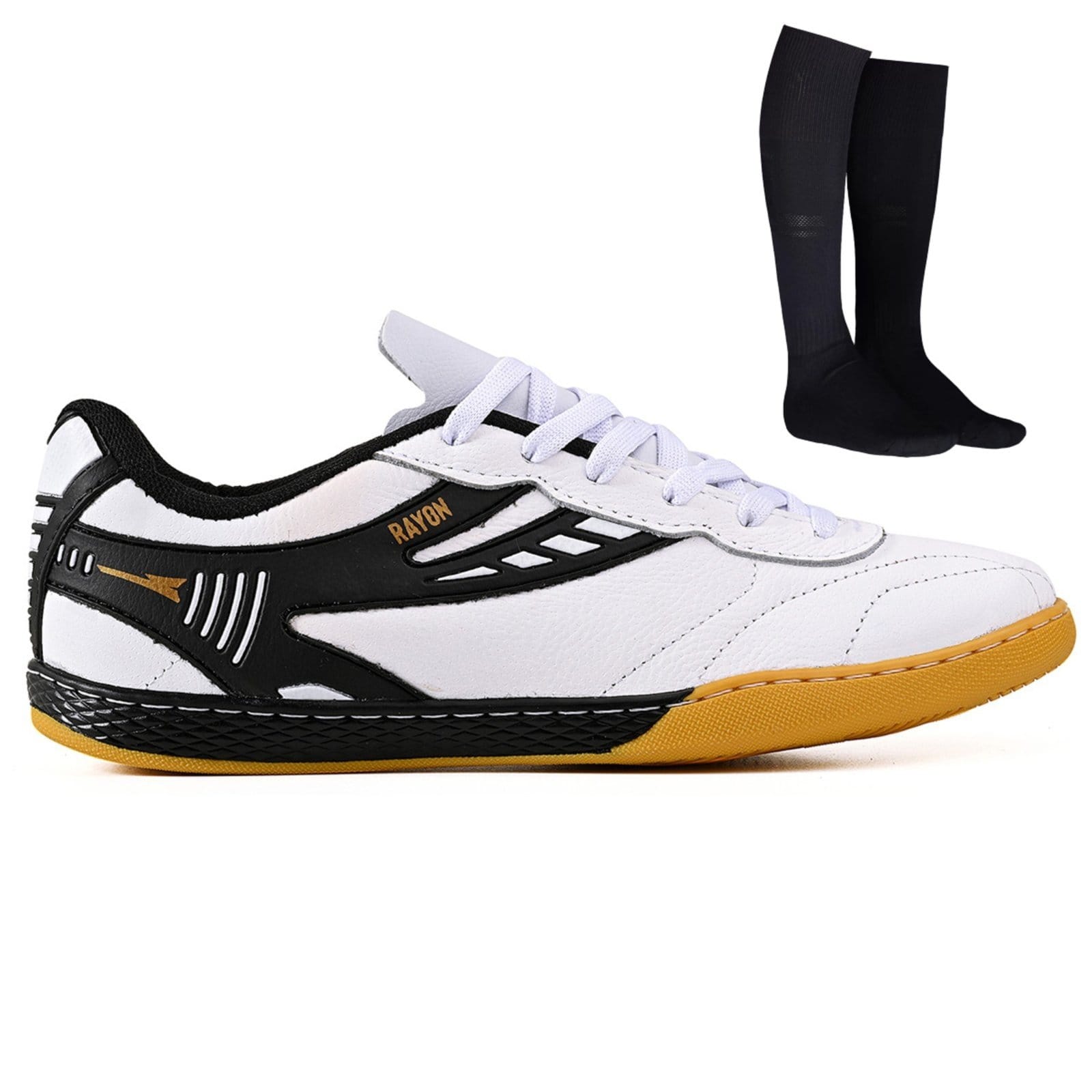 Vista principal Chuteira Futsal Profissional Masculina em Couro Futebol de Salao Quadra + Meião CALCADOS LGHT LIGHT preto