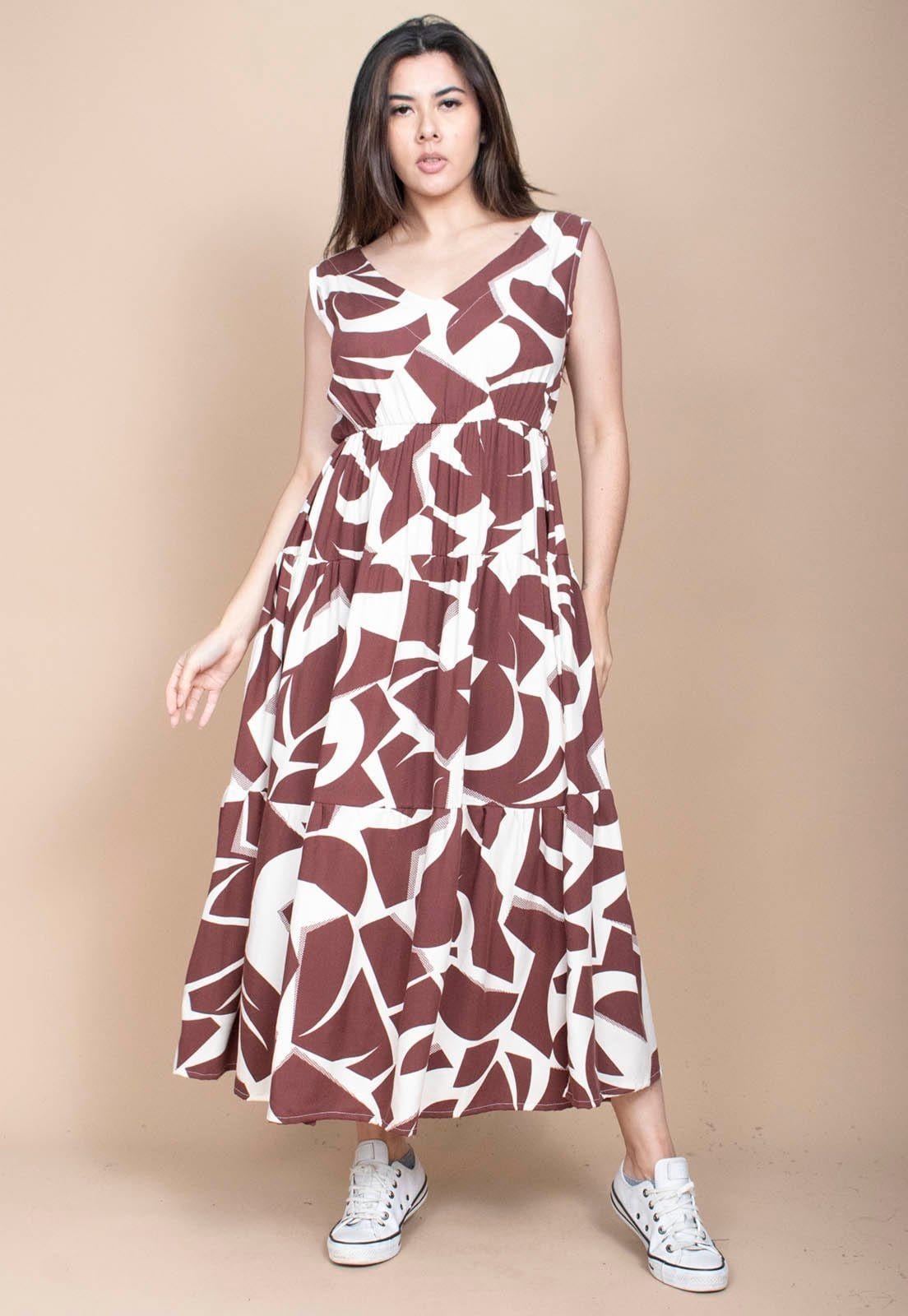 Vestido Cabanafree Regata Longo Peri Viscose Camadas Estampa Raízes Marrom