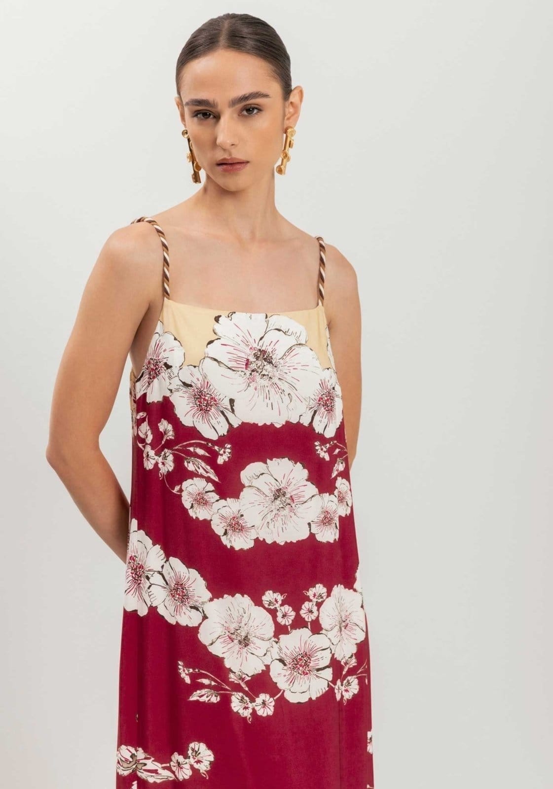 Vista 2 Vestido Estampado De Alças Com Fenda Lateral E Decote Reto Lez a Lez vermelho