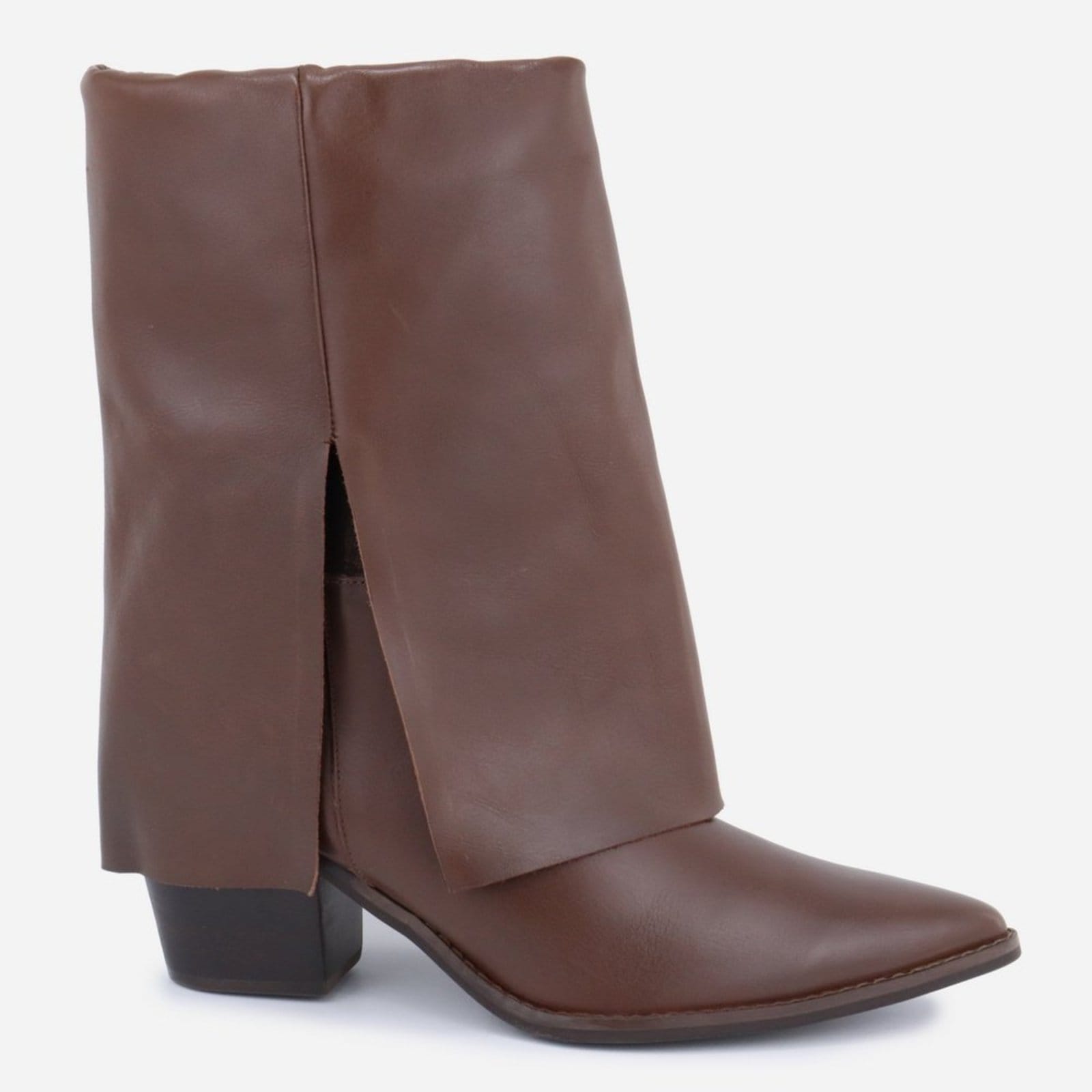 Vista 2 Bota Maria Paua Store Feminina Couro Cano Médio Salto Grosso Bico Fino MARIA PAULA marrom