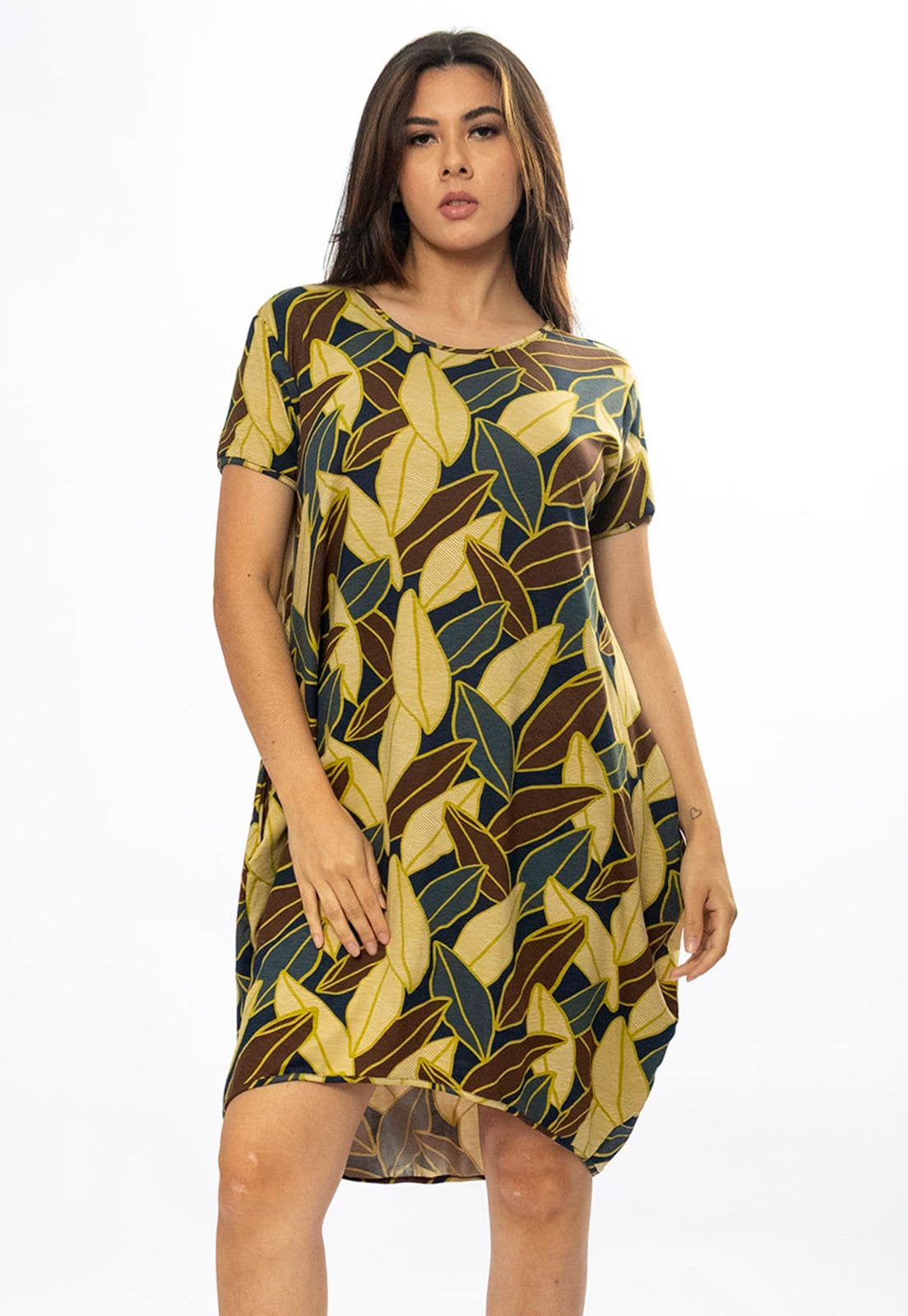 Vista principal Vestido Curto Cabanafree Malha Amplo Always Estampa Folhas de Outono Cabanafree estampado/marrom