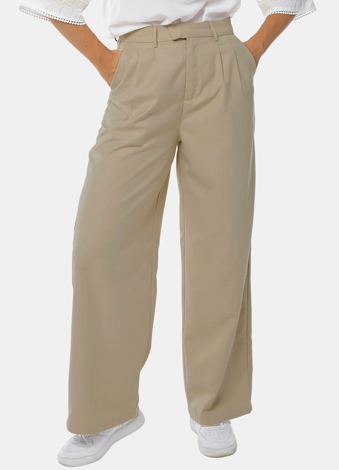 Vista 2 Calça de Pregas Mocha Sob Cintura Alta em Viscose com Elastano SOB bege