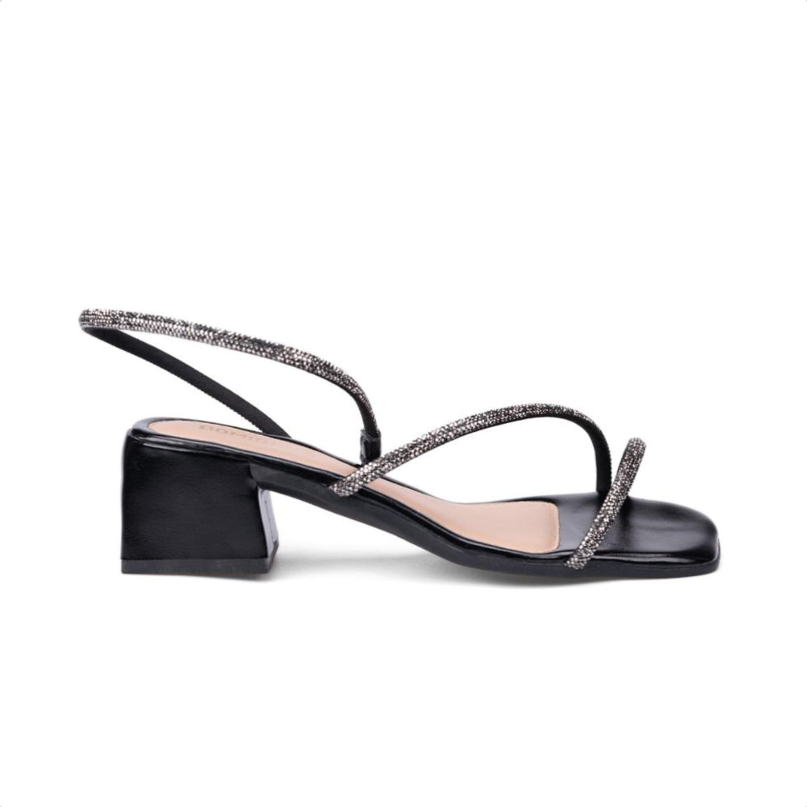 Vista 2 Sandália Feminina Preta Salto Bloco Médio Tiras De Strass Domidona preto