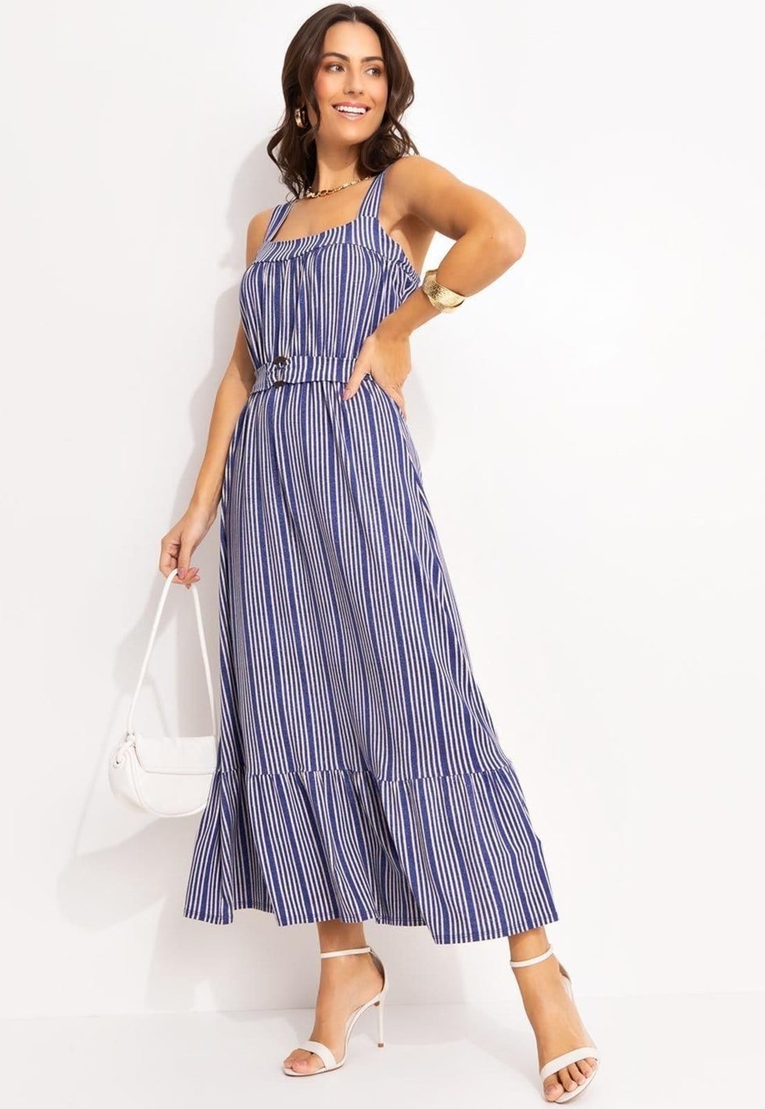 Vista principal Vestido Em Malha De Viscose Listrado Quintess azul