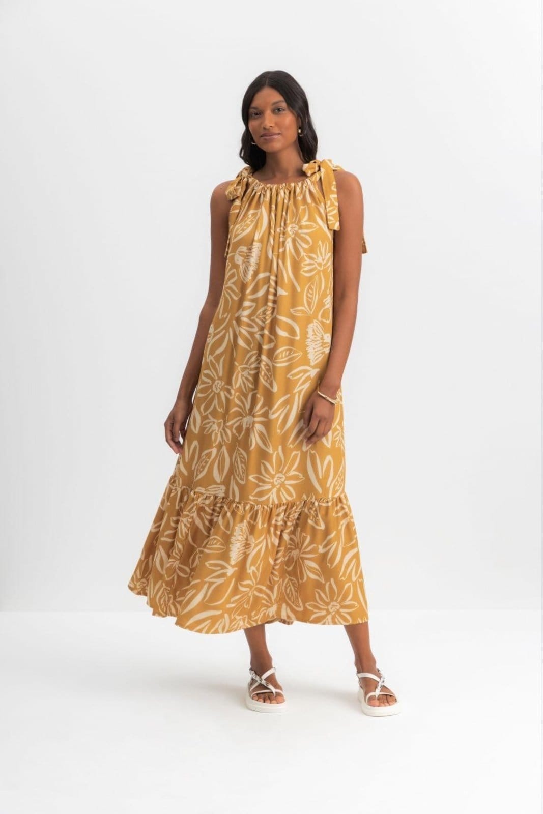 Vista principal Vestido Longo Feminino Floral Essendi Médio Essendi amarelo