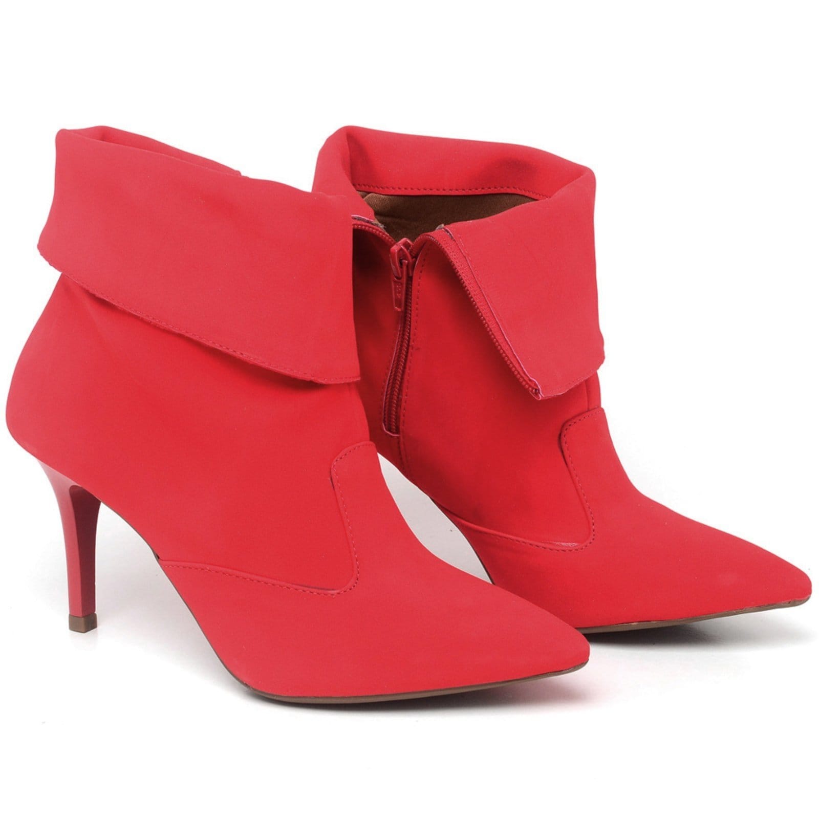 Vista principal Bota Cano Curto Dobrado Salto Fino Médio em Couro ZAFREM vermelho