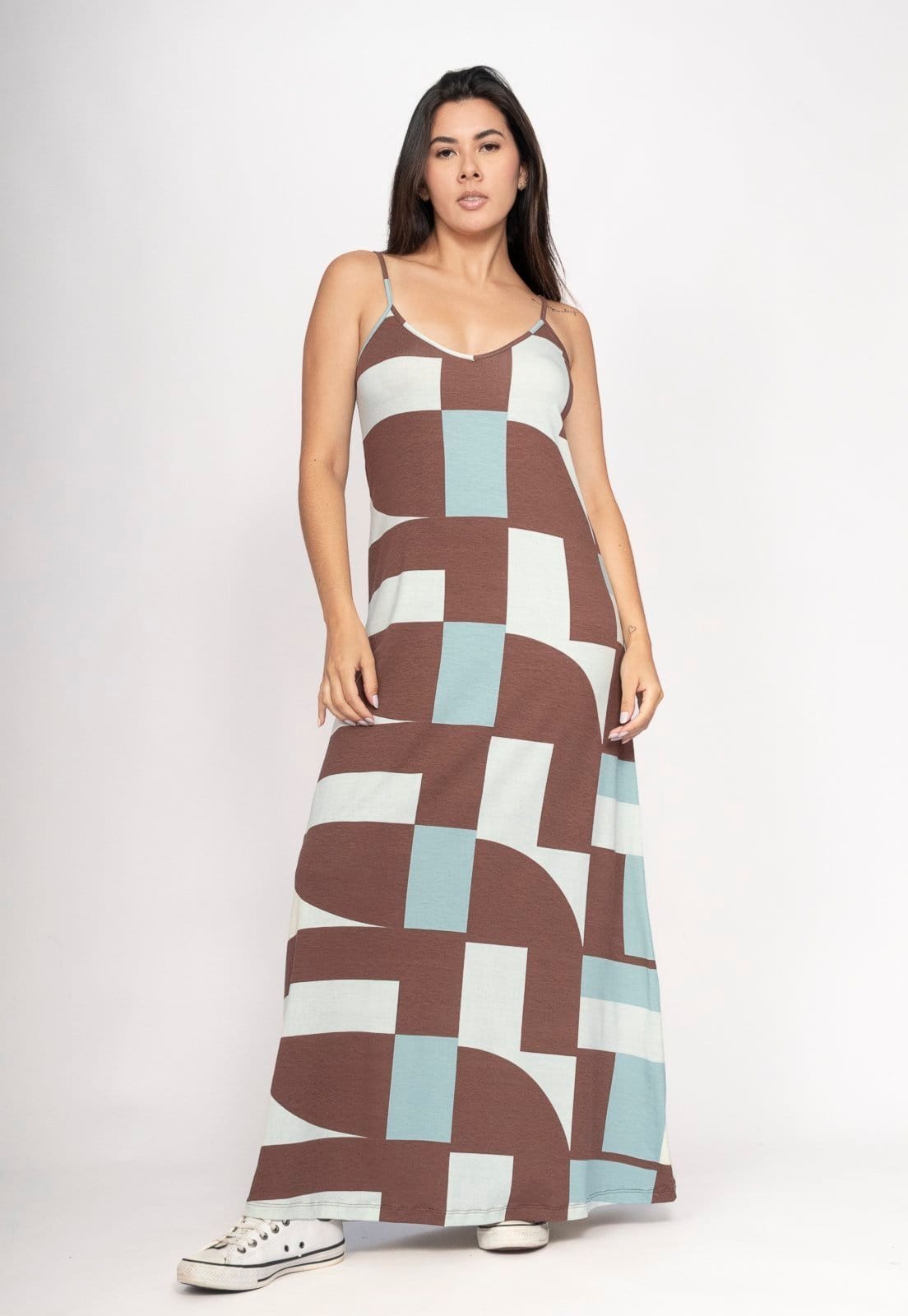 Vista principal Vestido CabanaFree Guaíra Longo Malha Alça Fina Santa Rosa do Tocantins Cabanafree estampado rosa