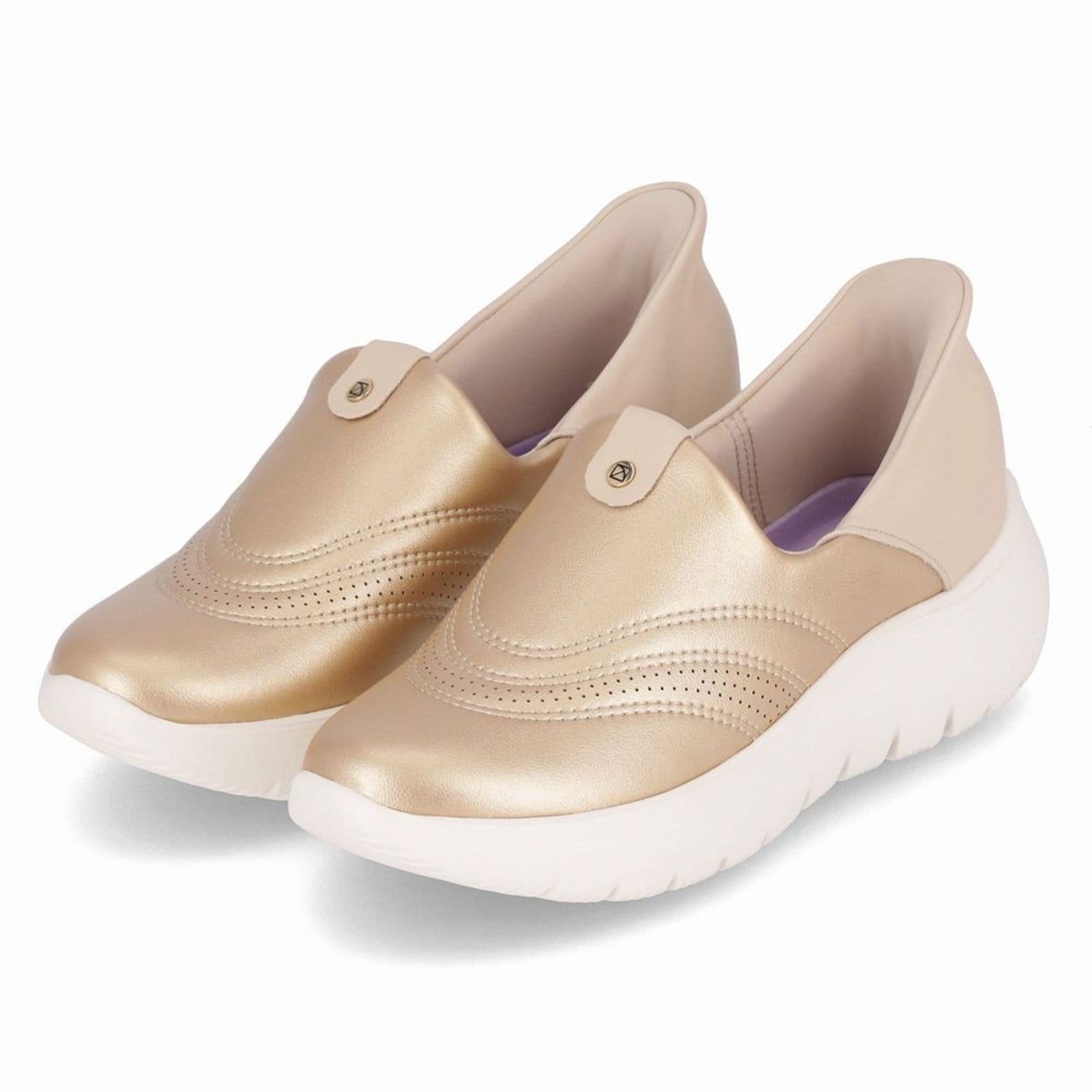 Vista 2 Tênis SlipFit Salto Médio Ouro com Brule Piccadilly prata