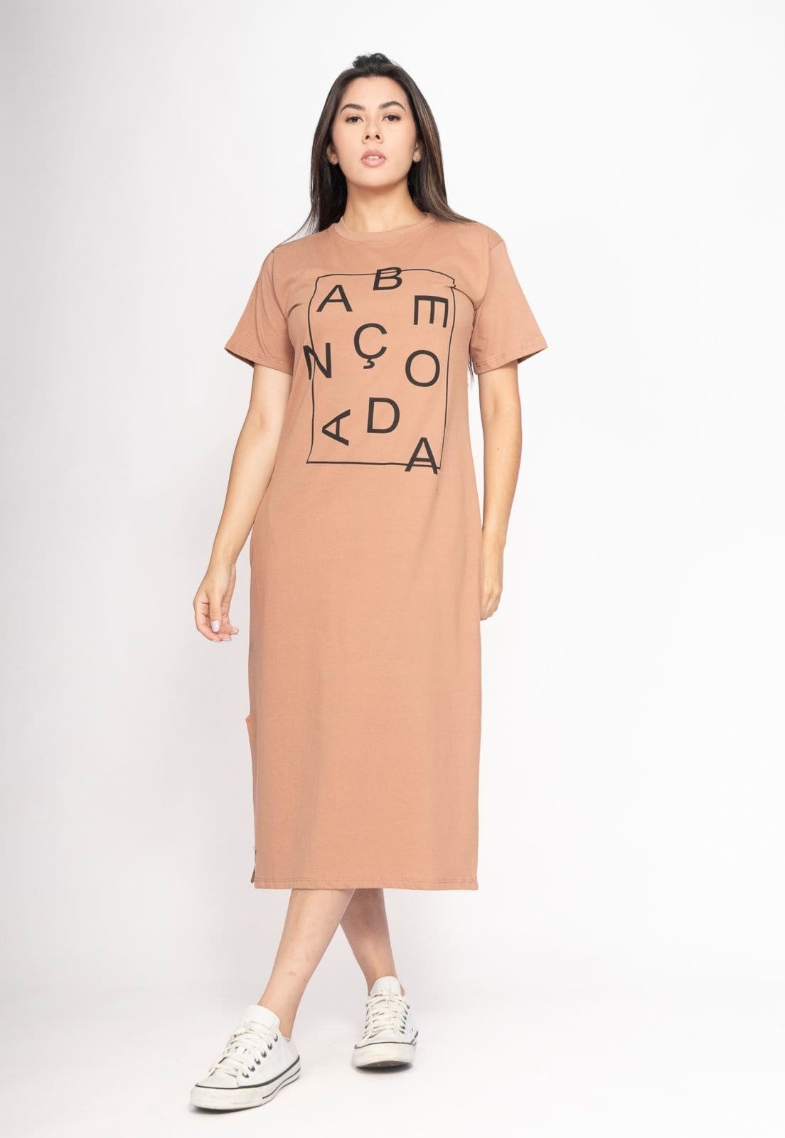 Vista 2 Vestido CabanaFree Midi Algodão Manga Curta Moda Evangélica Terra Clara Cabanafree bege