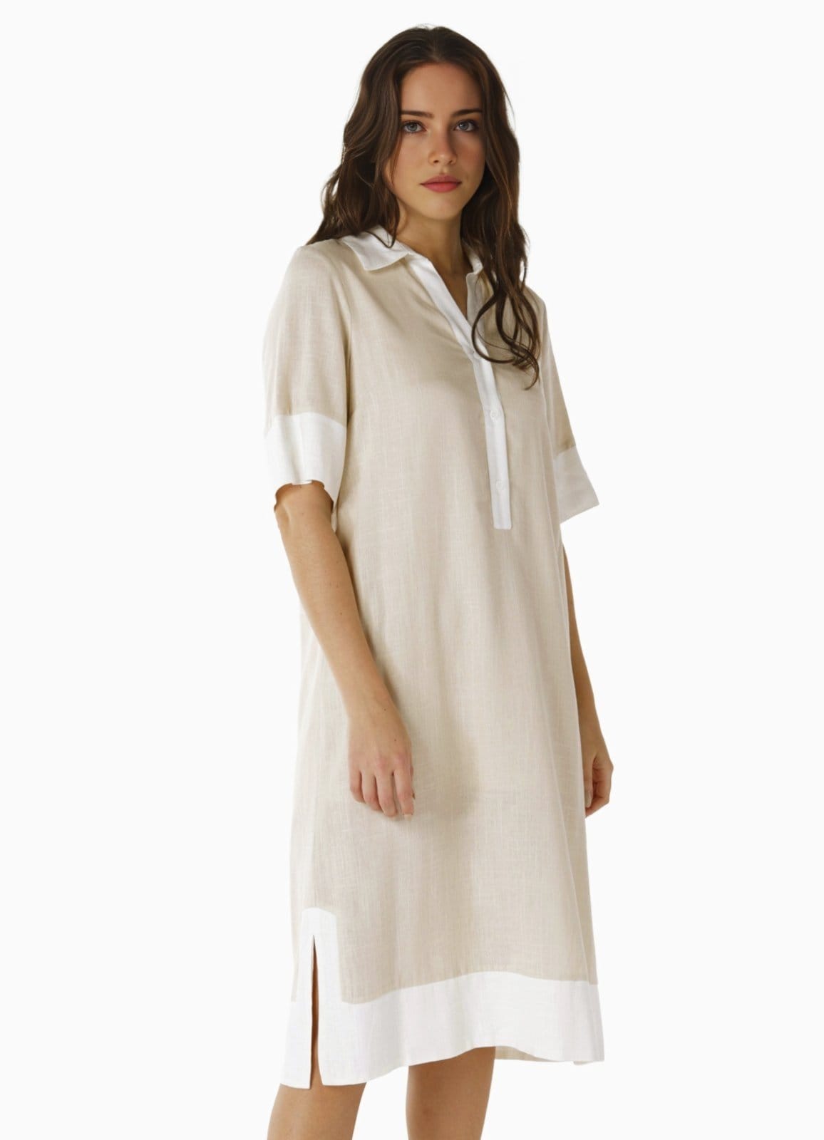 Vestido de Linho Midi Off Sob Mangas Curtas Solto com Bolsos