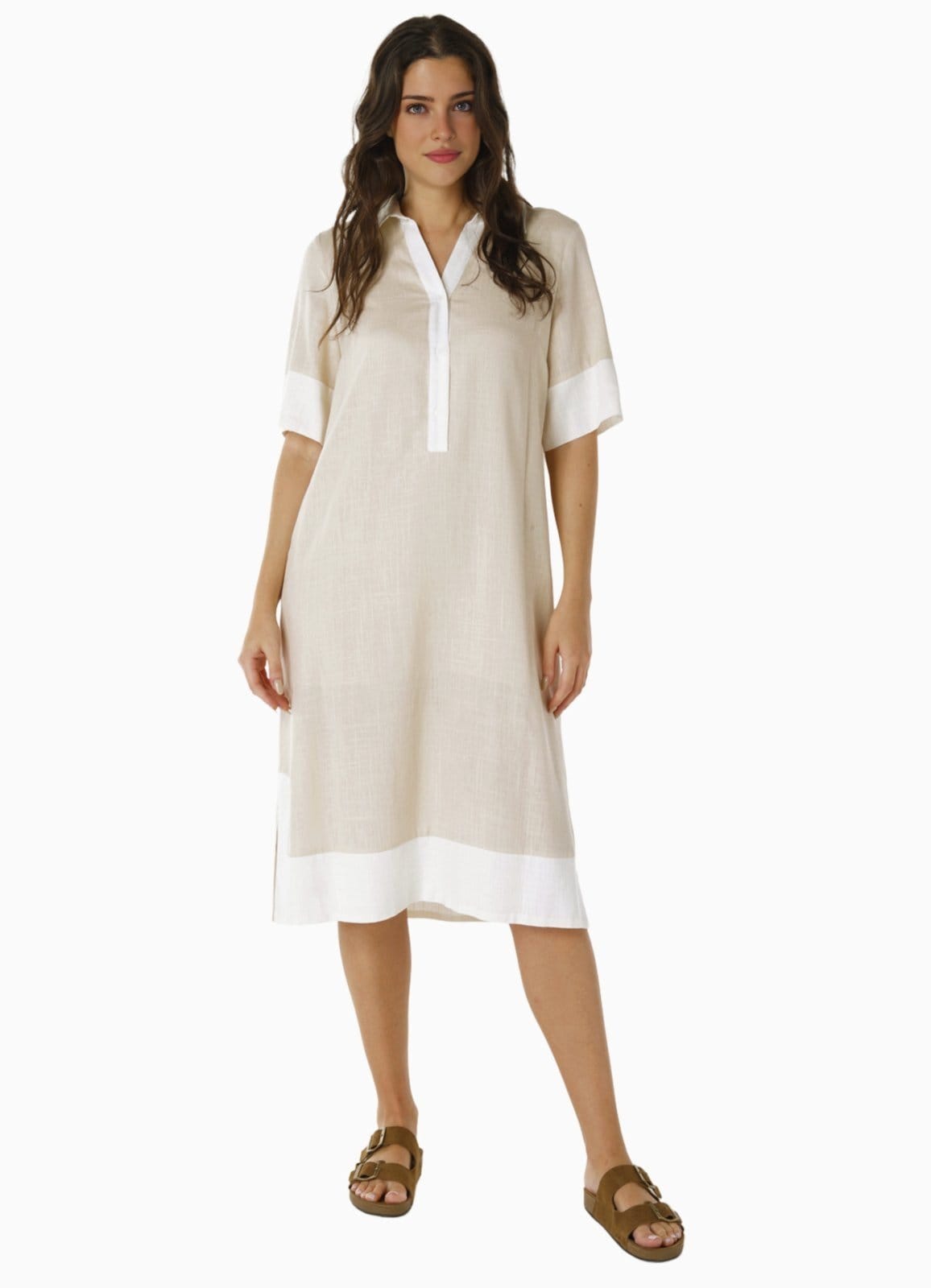 Vista 2 Vestido de Linho Midi Off Sob Mangas Curtas Solto com Bolsos SOB bege