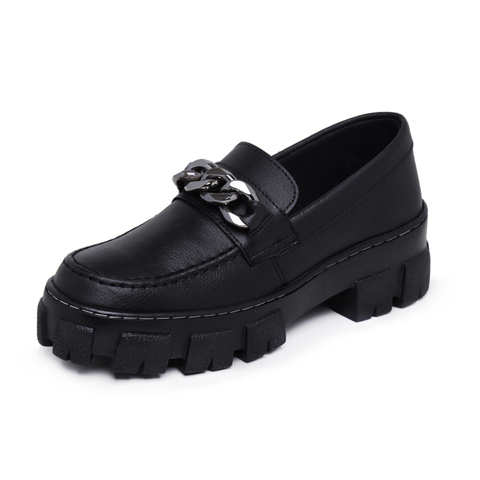 Vista 2 Sapato Mocassim Tratorado Oxford Feminino Fivela Bia Ramos preto