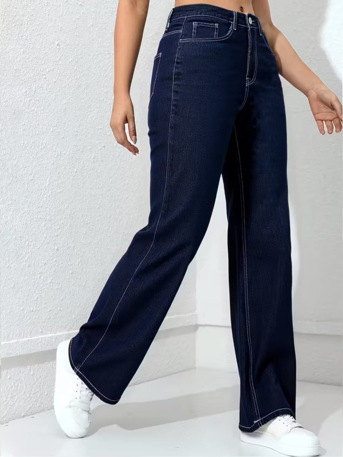 Vista principal Calça Wide Leg Feminina Kovali Fashion Store Confortavel e Básica Tecido Premium Azul Escura KOVALI FASHION STORE jeans azul