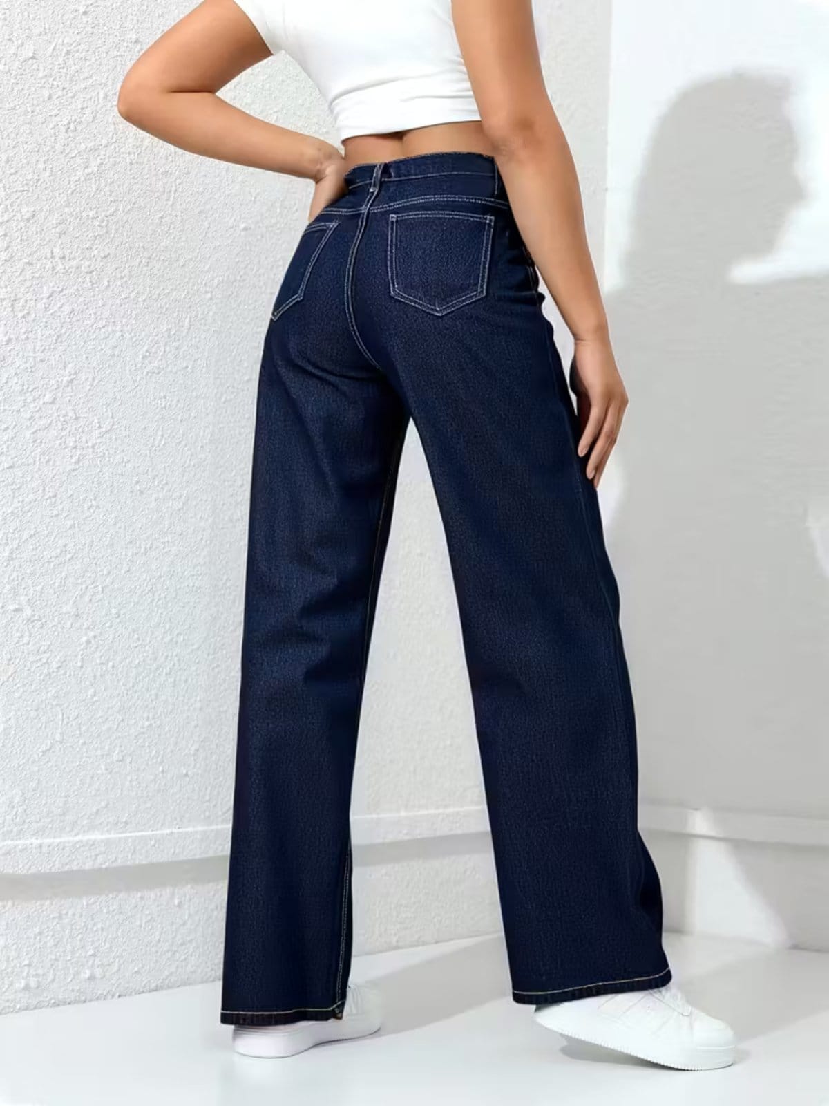 Vista 2 Calça Wide Leg Feminina Kovali Fashion Store Confortavel e Básica Tecido Premium Azul Escura KOVALI FASHION STORE jeans azul