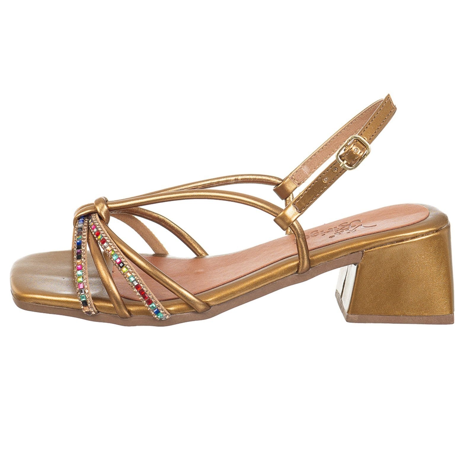 Vista 2 Sandália Fem Salto Médio Grosso Via Birigui C Strass Brilhos VB Calçados bronze