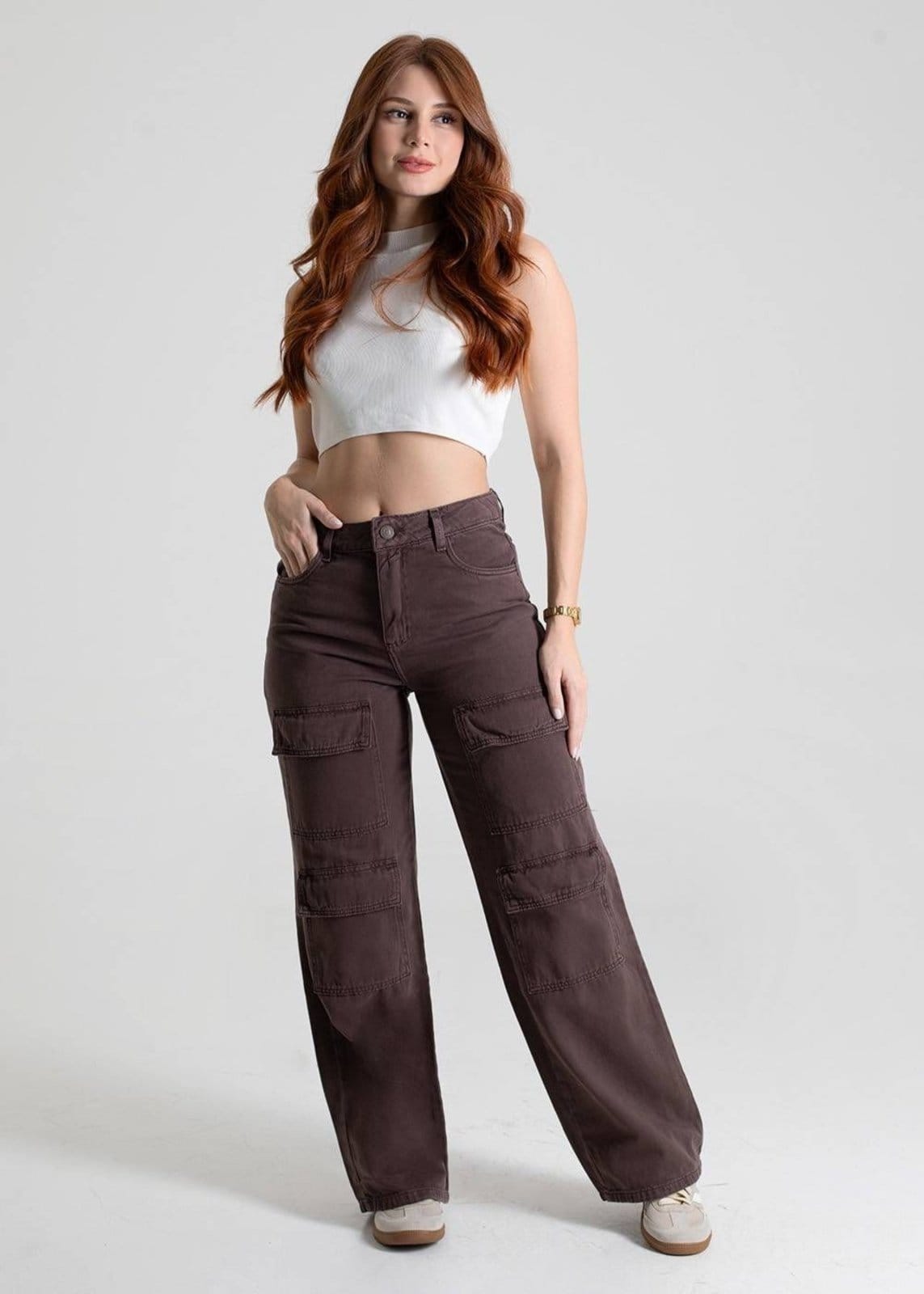 Vista 2 Calça Sarja Sawary Wide Leg - 280389 Sawary marrom