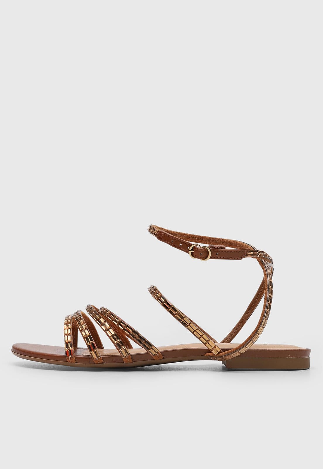 Vista principal Rasteira Feminina Luiza Barcelos Tiras Pedrarias Luiza Barcelos marrom